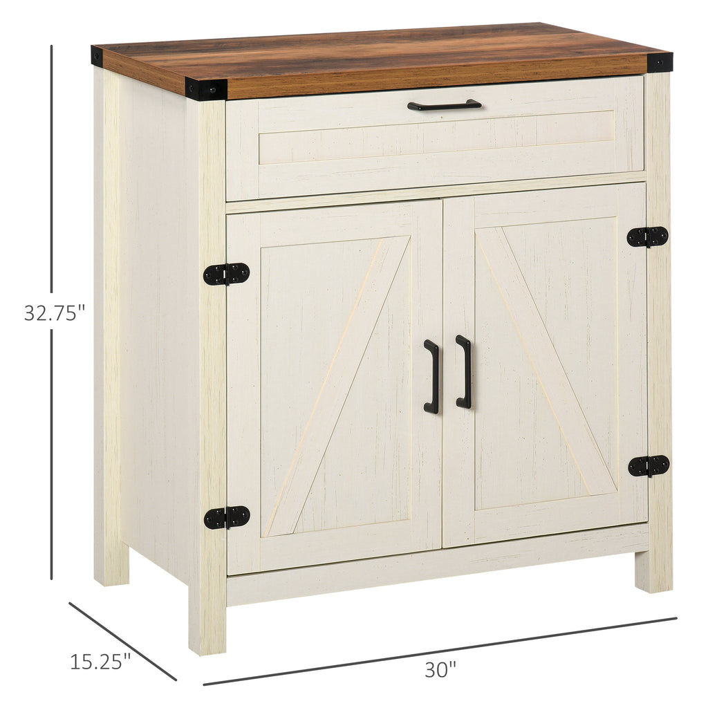 Modern Farmhouse Sideboard with Storage, Buffet Cabinet with 2 Barn Doors and Drawer for Dining Room, Distressed White