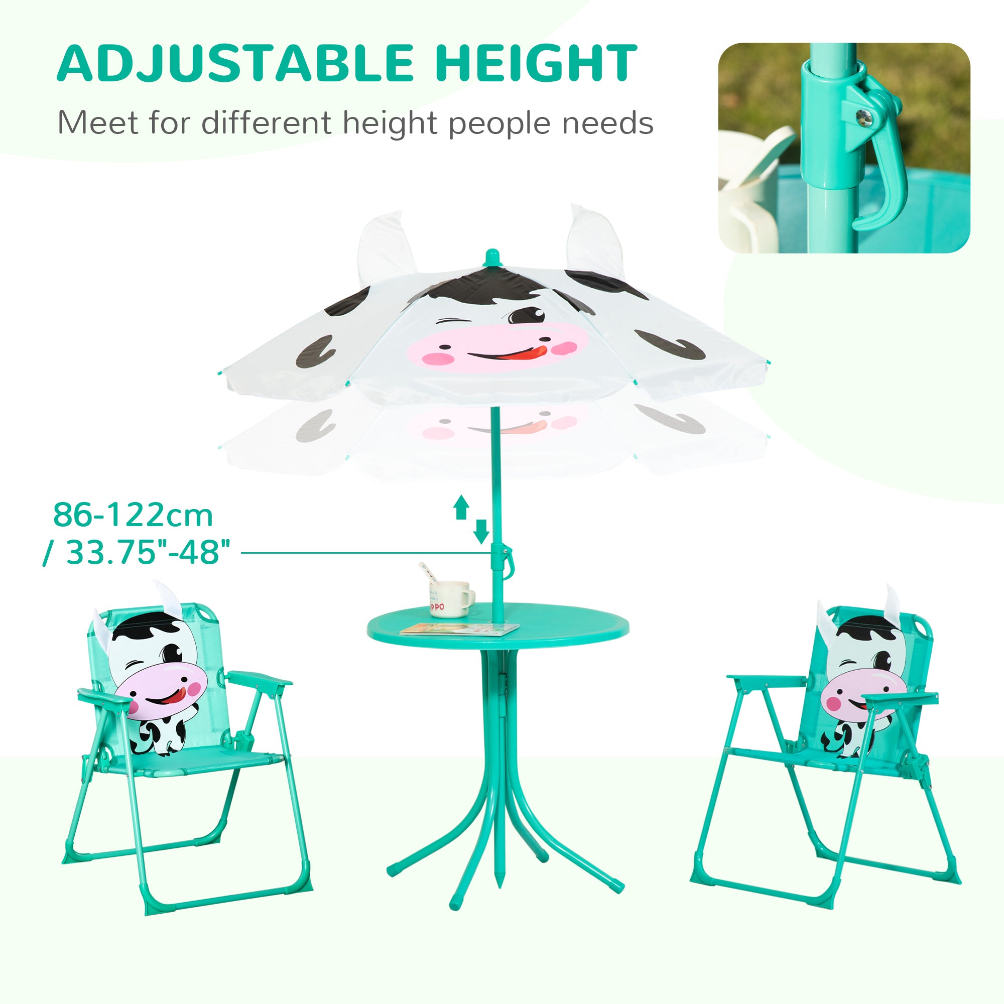 Kids Table and Chair Set, Outdoor Folding Garden Furniture, Picnic Table for Patio Backyard, with Removable & Height Adjustable Sun Umbrella, White