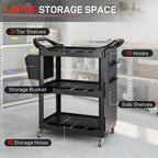 3-Tier Rolling Tool Cart, 200 LBS Capacity Plastic Utility Cart with Side Shelf and Storage Bucket, Black