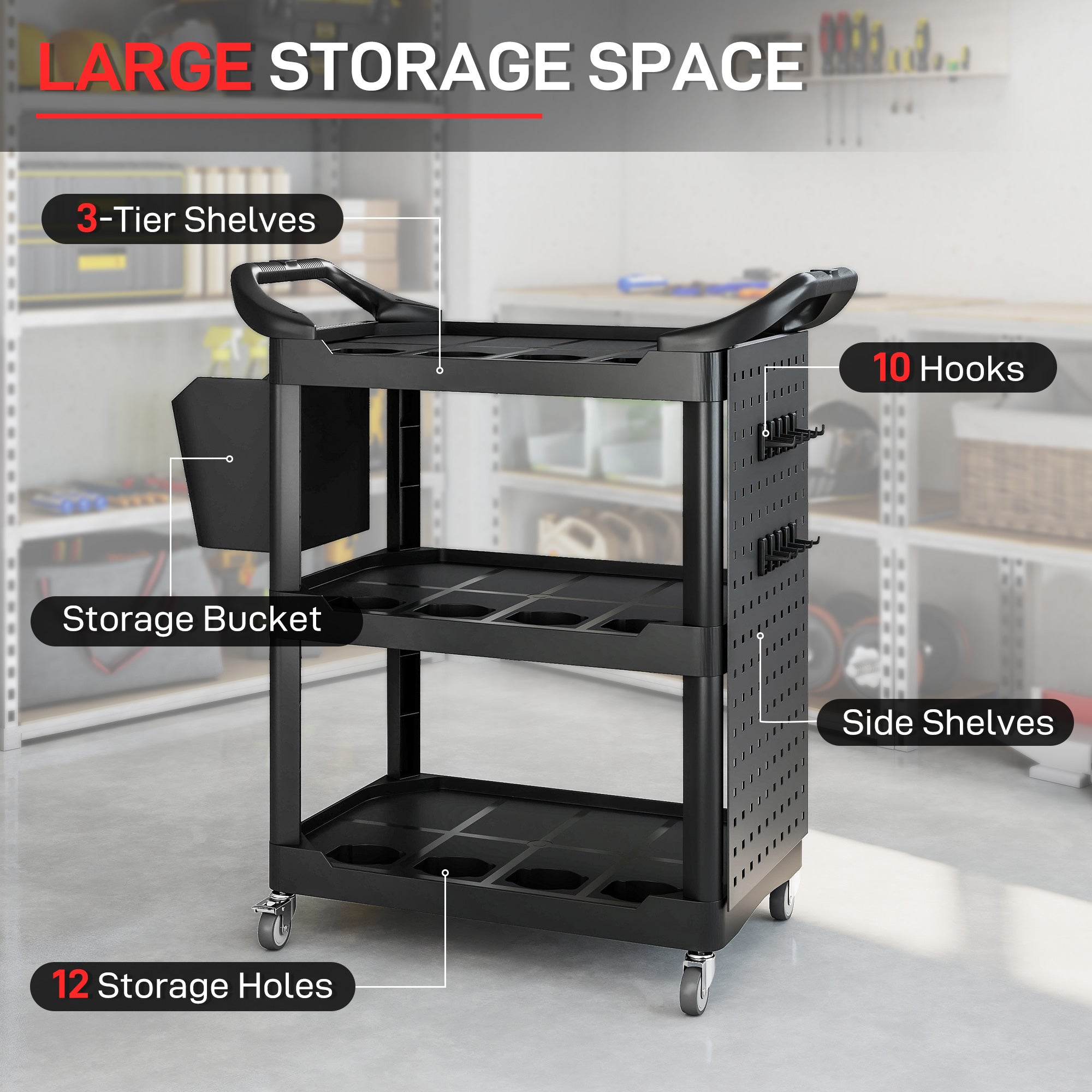 3-Tier Rolling Tool Cart, 200 LBS Capacity Plastic Utility Cart with Side Shelf and Storage Bucket, Black