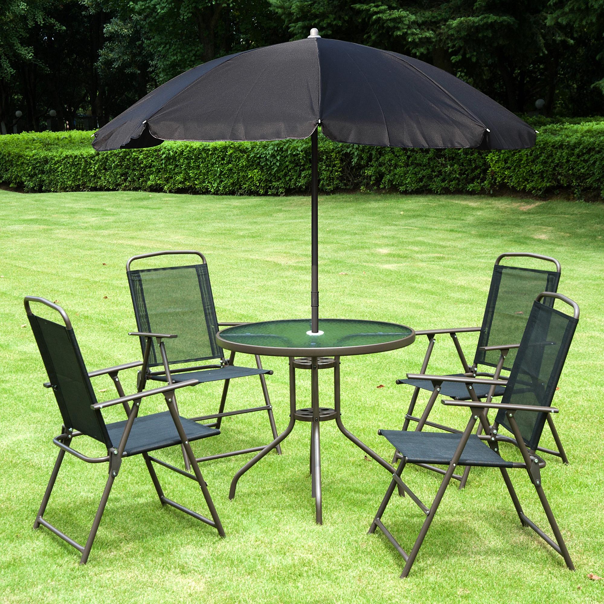 6 Piece Patio Dining Set for 4 with Umbrella, Outdoor Table and Chairs with 4 Folding Dining Chairs & Round Glass Table for Garden, Backyard and Poolside, Black and Coffee