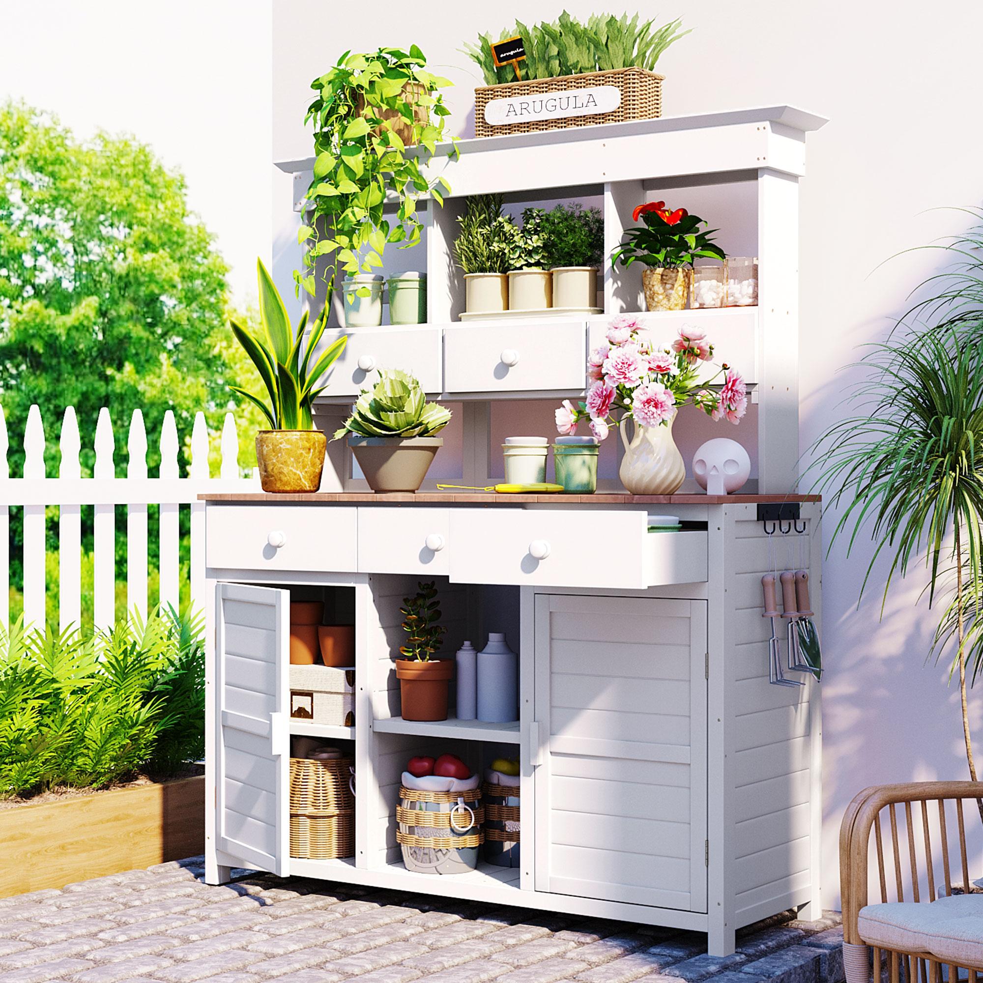 Garden Potting Bench with Hutch, 6 Drawer & 2 Cabinet, Tall Wood Workstation with 3 Shelf & Side Hooks, 50'' L x 20.5'' W x 65.5'' H, White