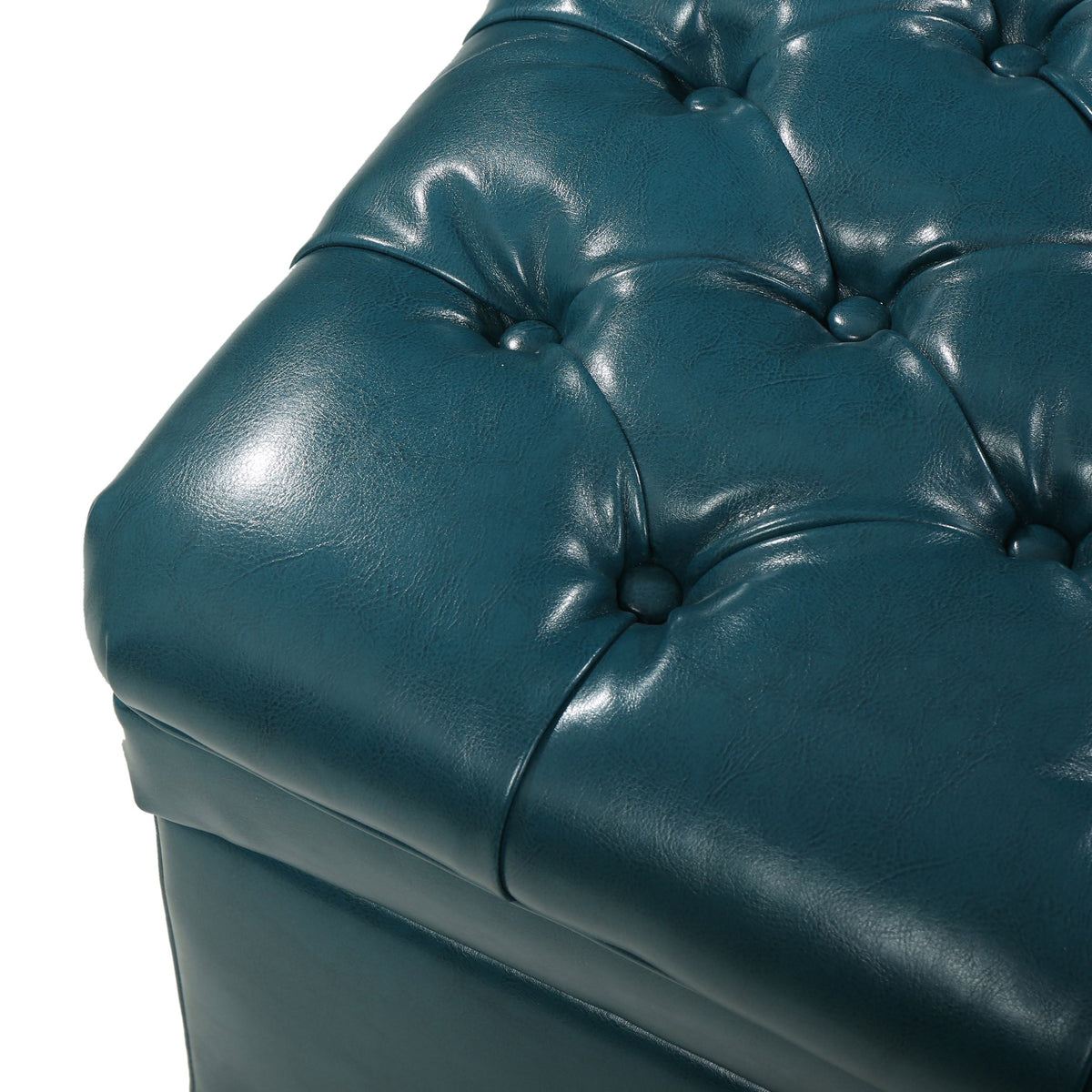 Storage Ottoman with Birch Legs, Faux Leather Tufted, 50" L x 20.5" W x 18.25" H, Spot Clean, Teal