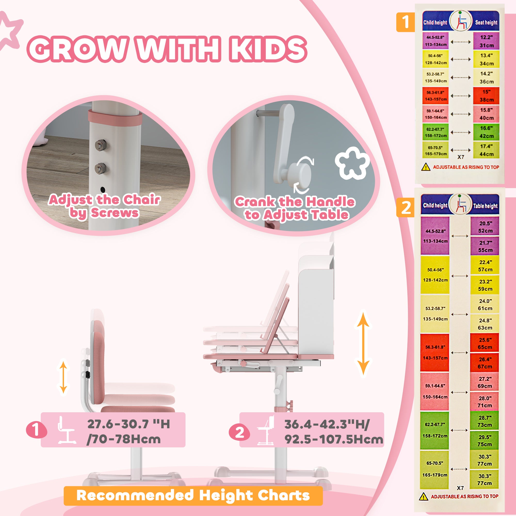 Height Adjustable Kids Desk and Chair Set for Writing Drawing w/ Tilt Desktop, Storage Drawer and Reading Rack, Pink