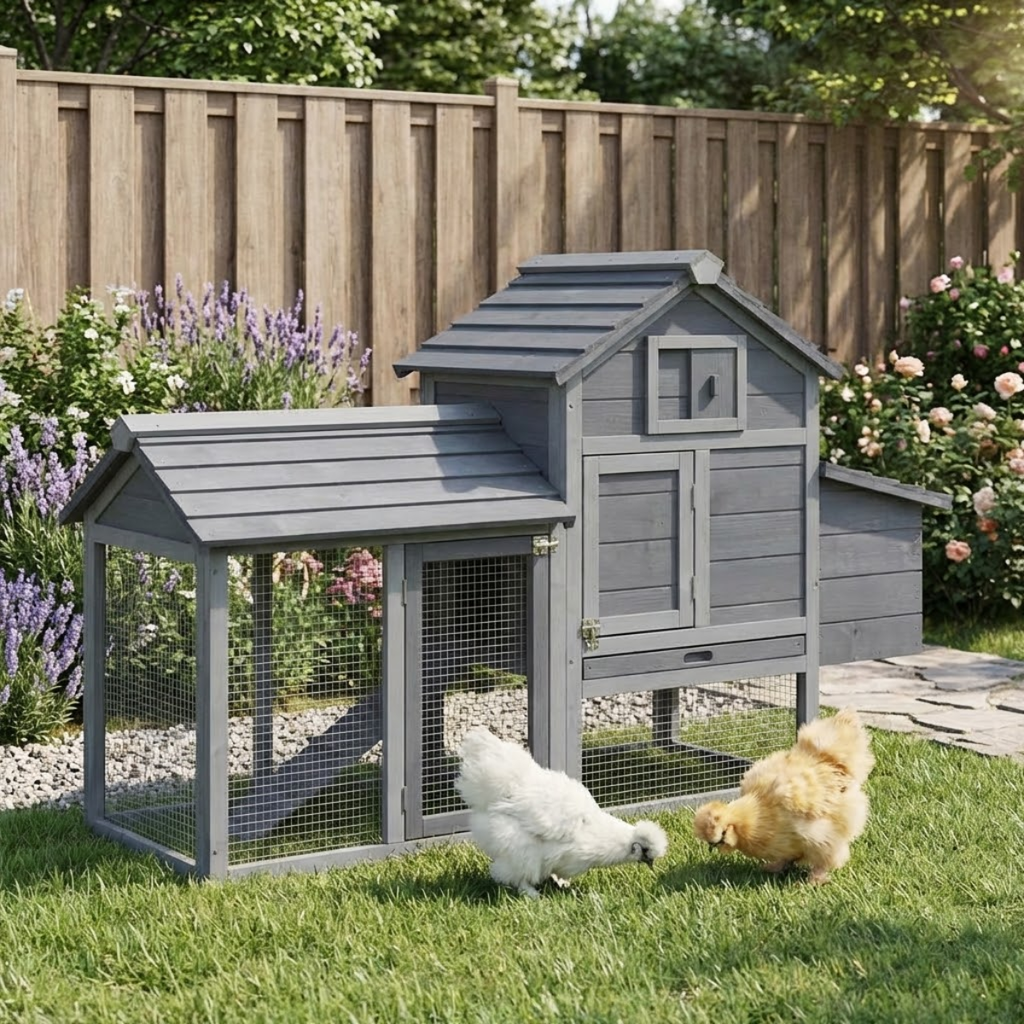 59" Small Wooden Chicken coop Hen House Poultry Cage for Outdoor Backyard with 2 Doors, Nesting Box and Removable Tray, Gray