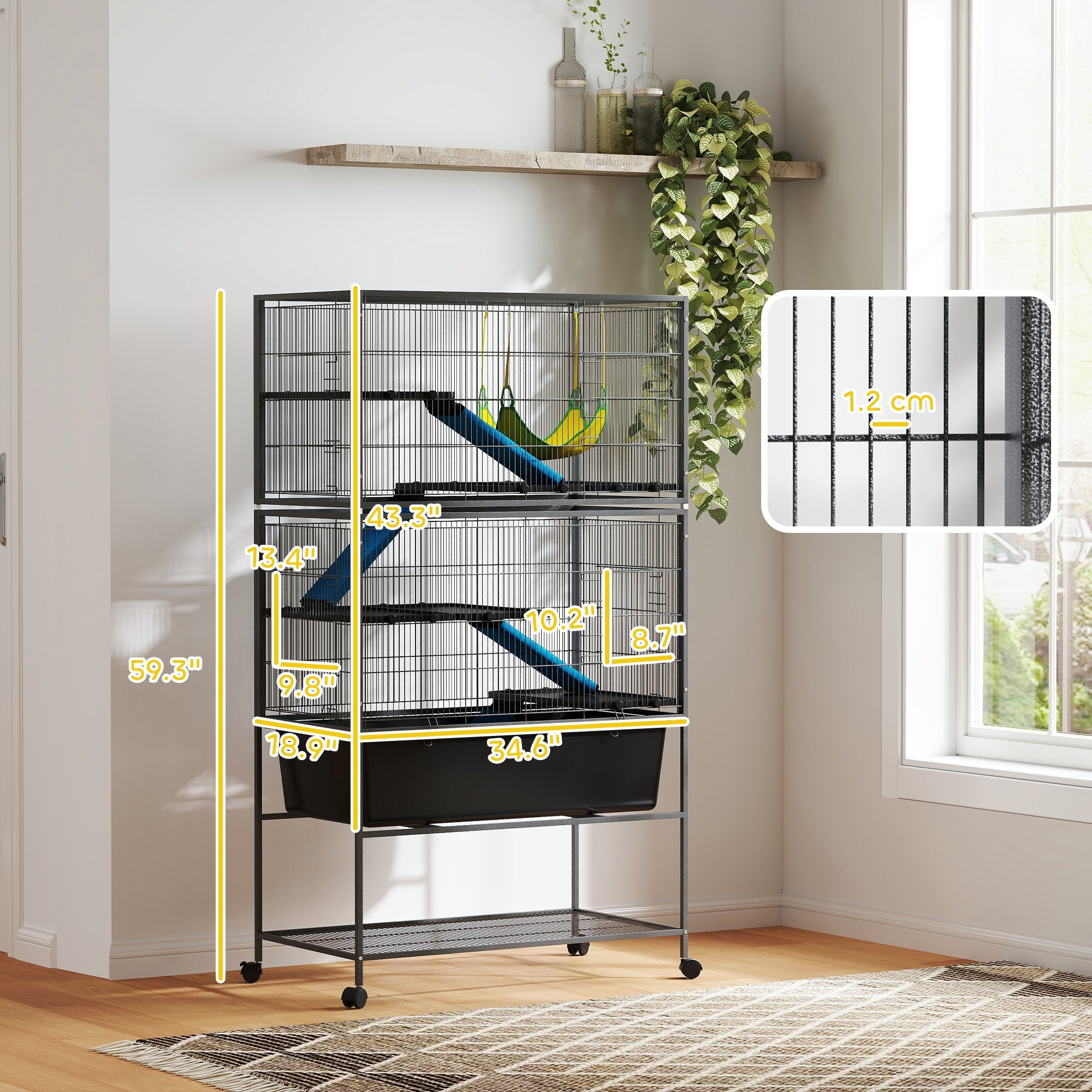 59" 5-Level Small Animal Cage, Rolling Ferret Cage with 6.3" Deep Tray, Non-Slip Cloth Covered Ramps, Hammock, Dark Gray