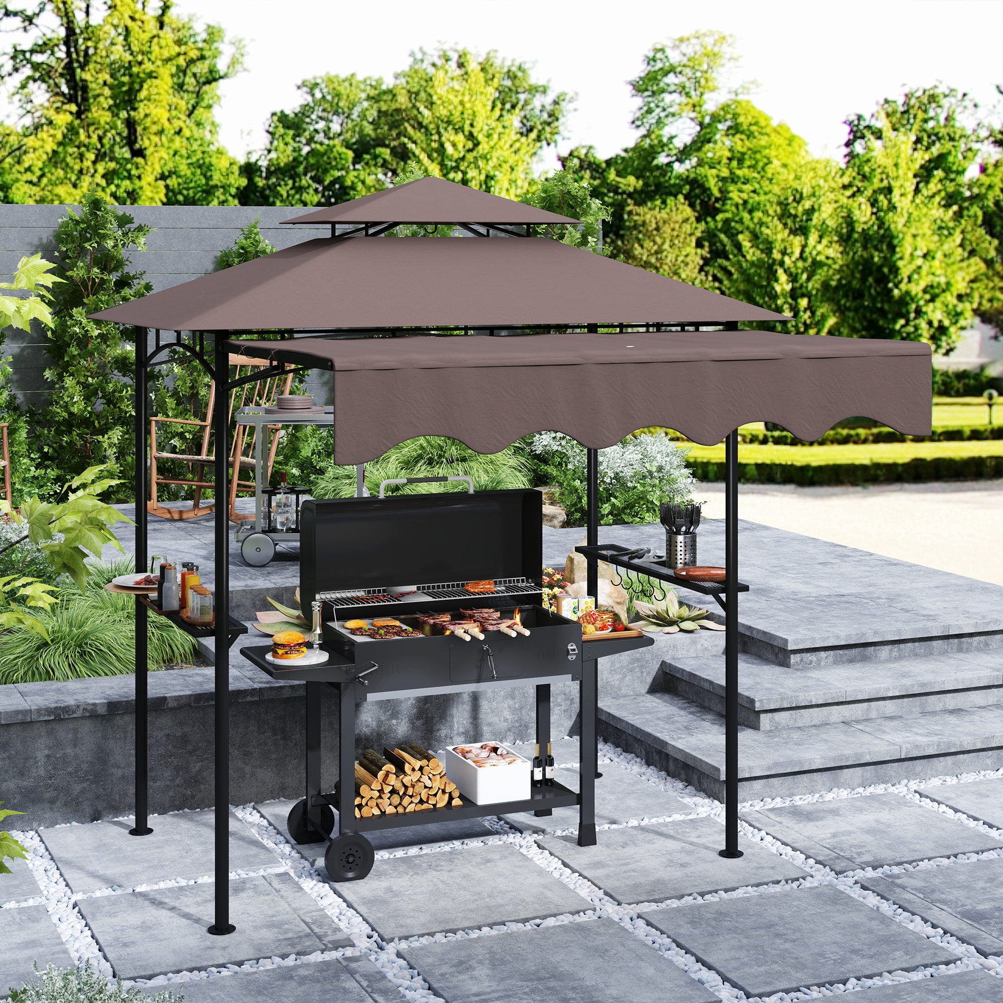 8' x 7.6' Outdoor Grill Gazebo, Barbecue Gazebo Shelter with Side Awning, 2 Side Shelves and 6 Hooks, Brown