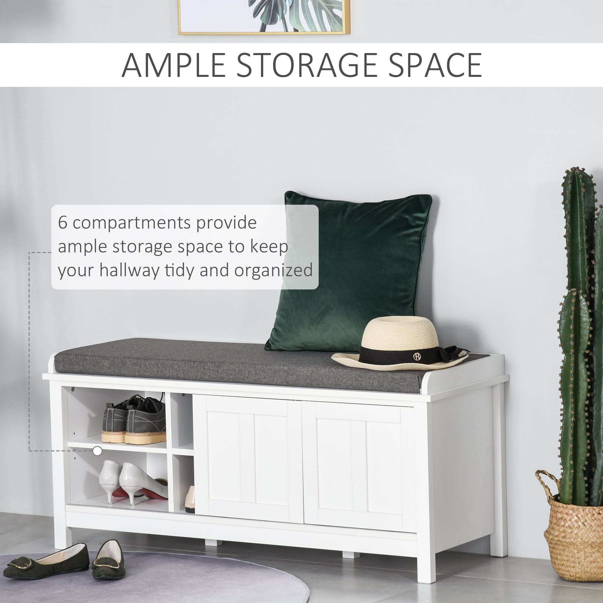Entryway Shoe Bench Storage Ottoman with Sliding Doors, Adjustable Shelving, 6 Compartments, and Padded Seat, Holds 10 Pairs, White