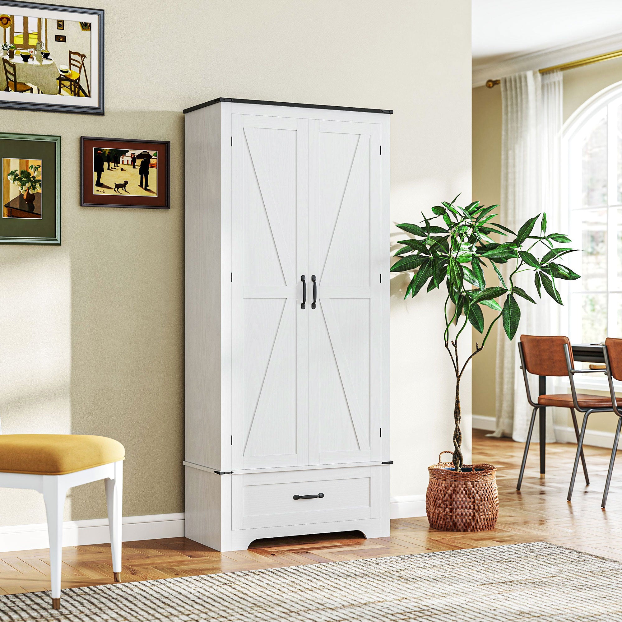 72" Farmhouse Pantry Cabinet with Adjustable Shelves, Kitchen Pantry Cabinet with 2 Doors, Distressed White