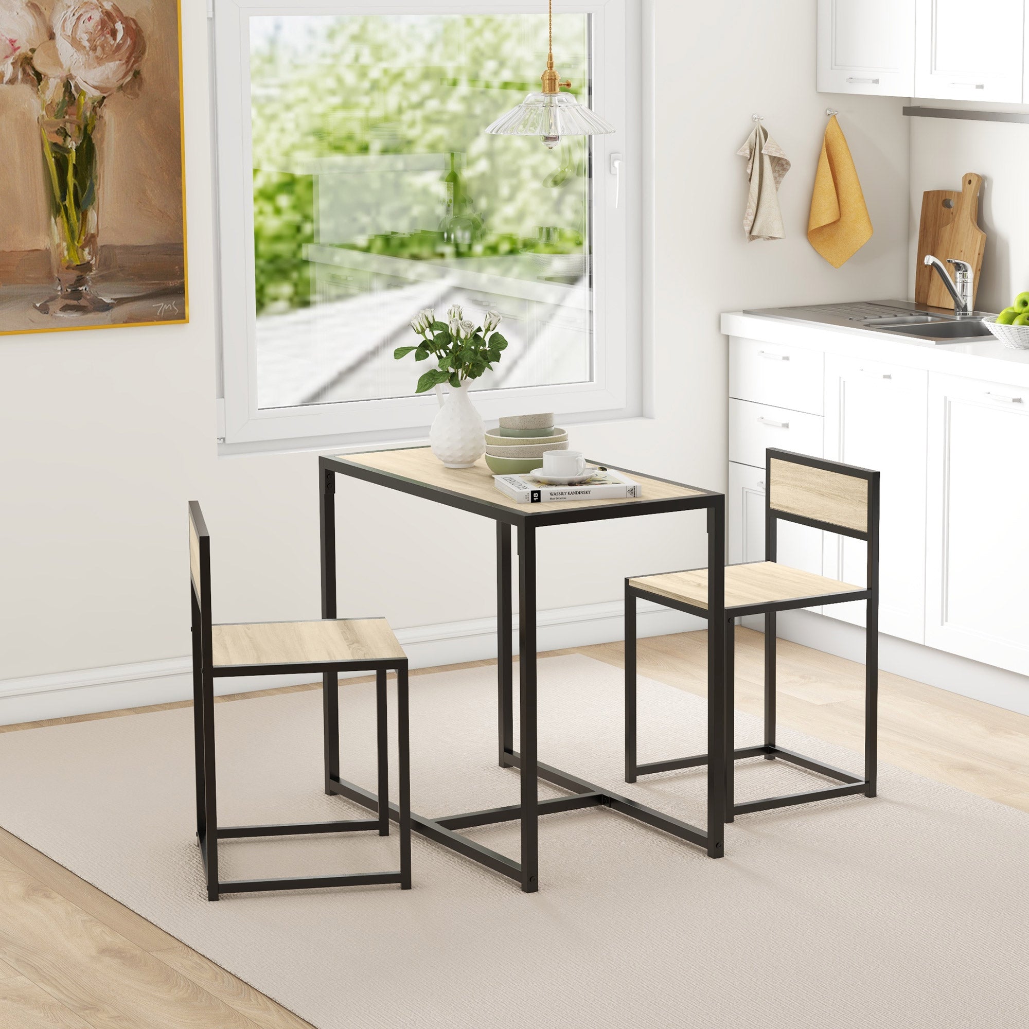 3-Piece Dining Room Set, Industrial Kitchen Table Set with Rectangular Table and 2 Dining Chairs, Oak