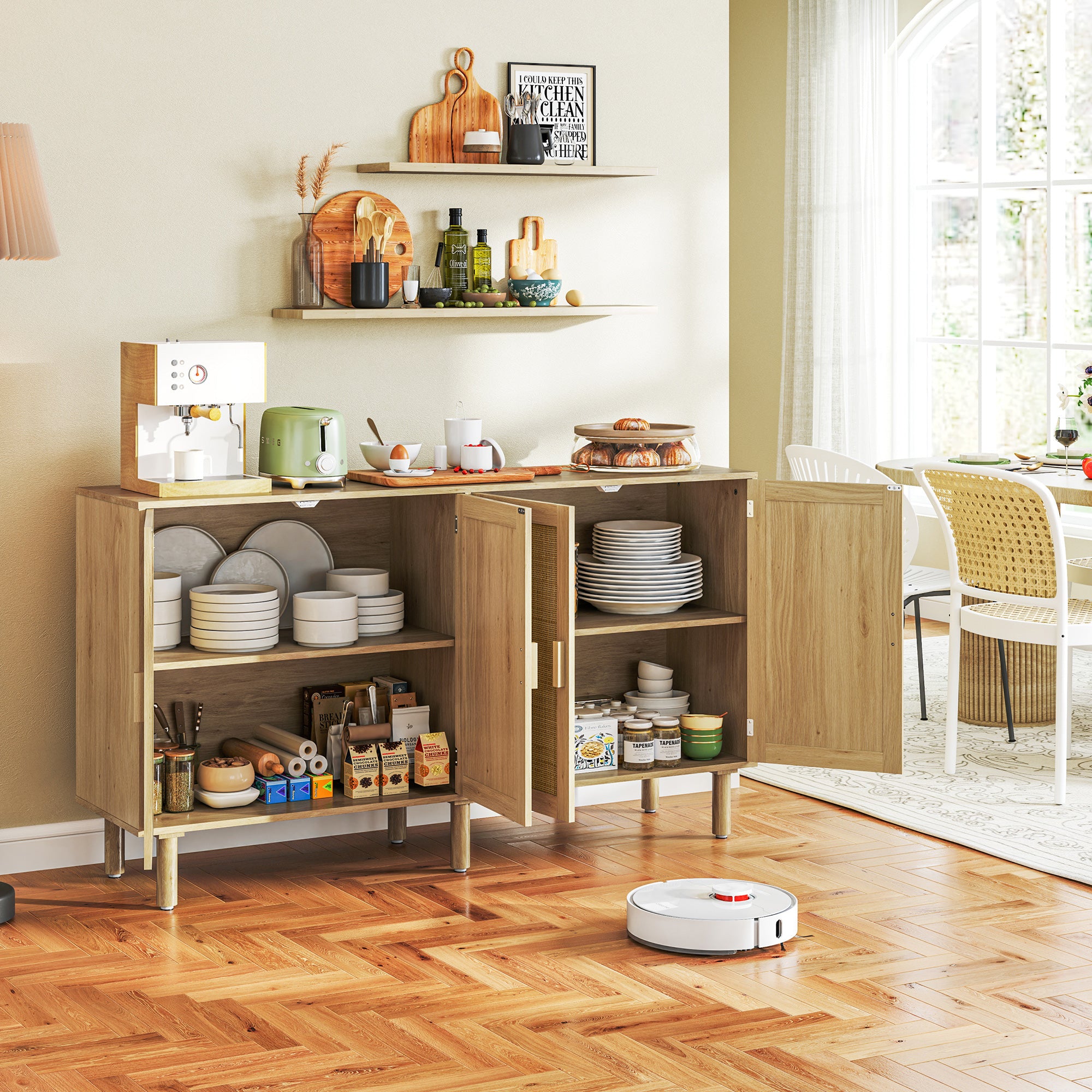 Bohemian Sideboard, 62.2" Buffet Cabinet with 4 Rattan Doors and Shelves for Living Room, Hallway, Natural