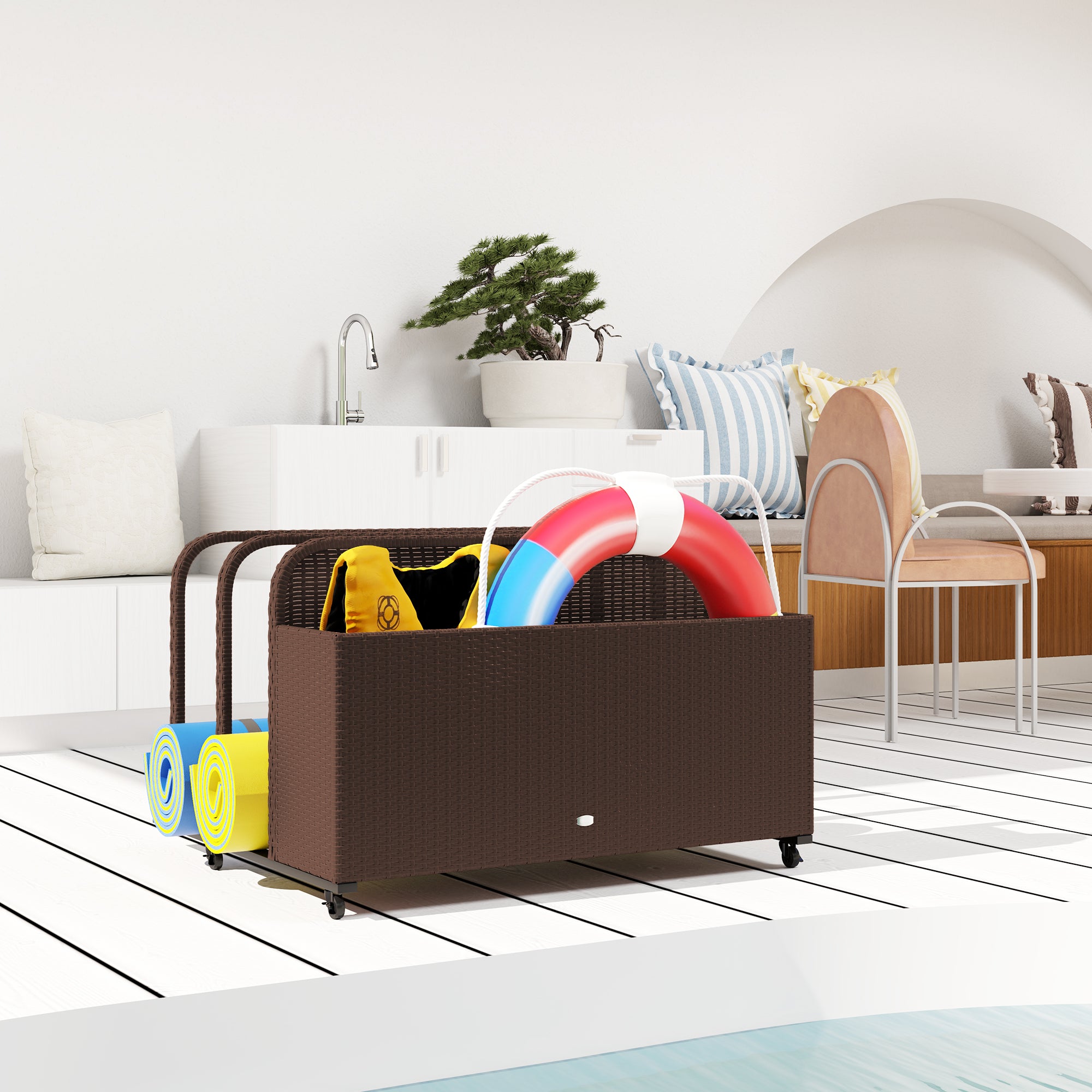 PE Rattan Pool Float Storage Organizer with Wheels, Brown