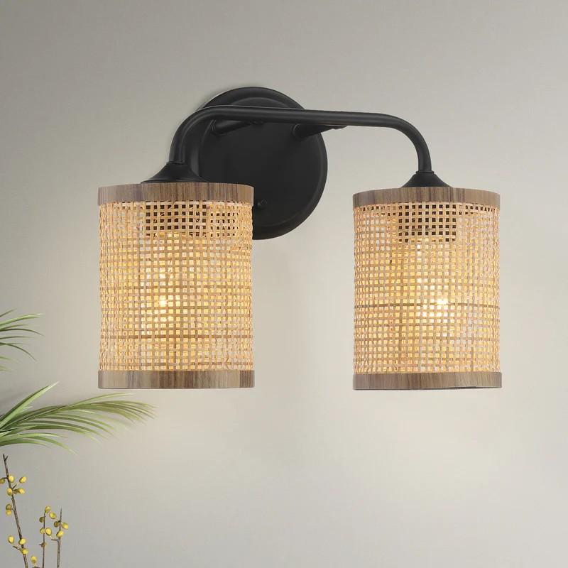 Double Light Vanity Wall Lamp with Natural Rattan Shade, Metal Construction, Ideal for Bathroom Decor, 7" L x 10" W x 12.5" H, Black