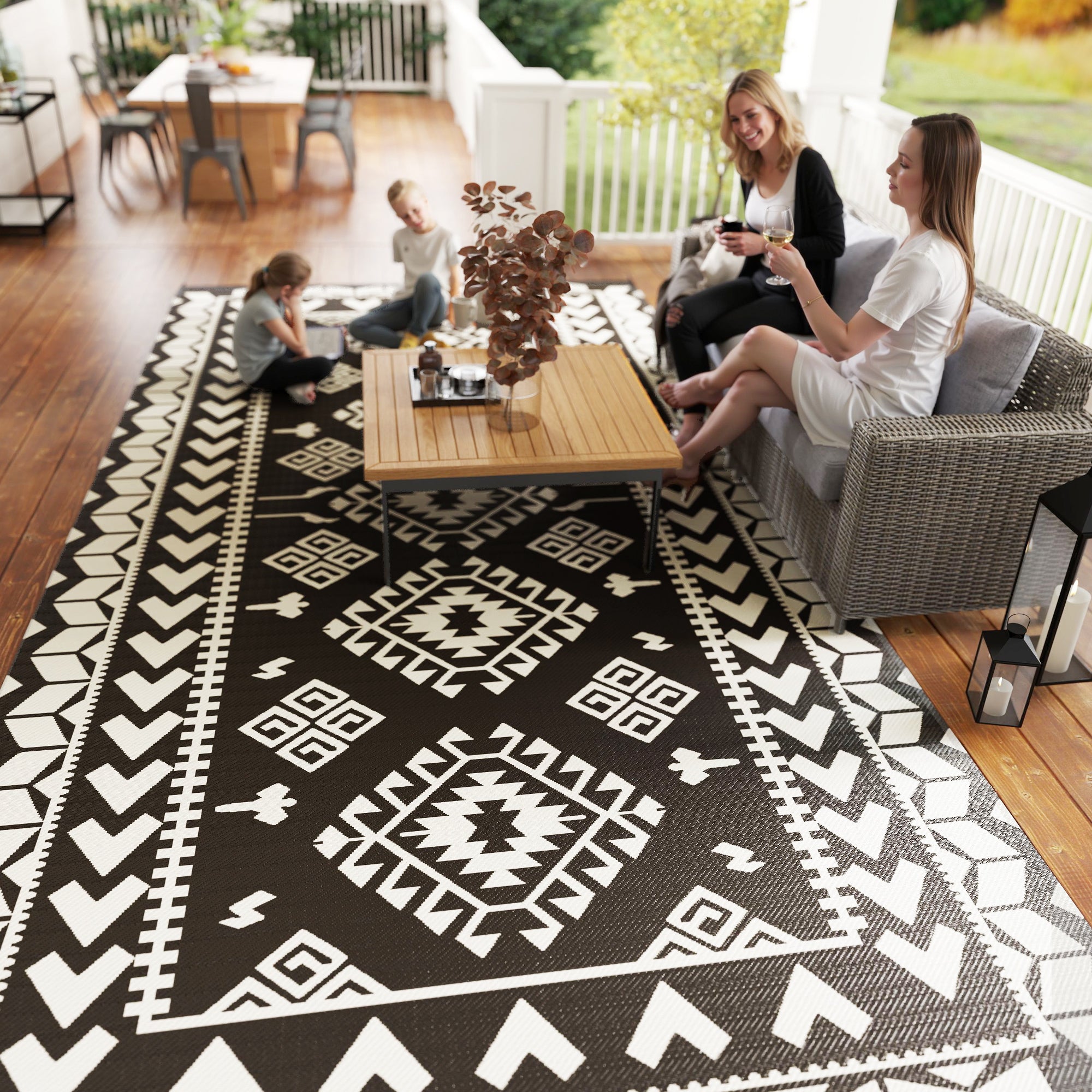 Reversible Outdoor Rug, Waterproof Plastic Straw with Carry Bag, 9' x 18', Black & White Rhombus Patchwork