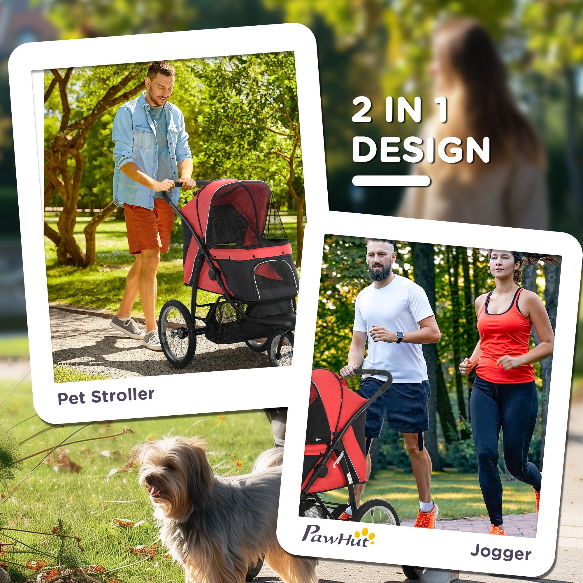 3 Wheels Pet Stroller for Small Dogs and Medium Dogs with Adjustable Canopy, Safety Tether, Storage Basket, Red