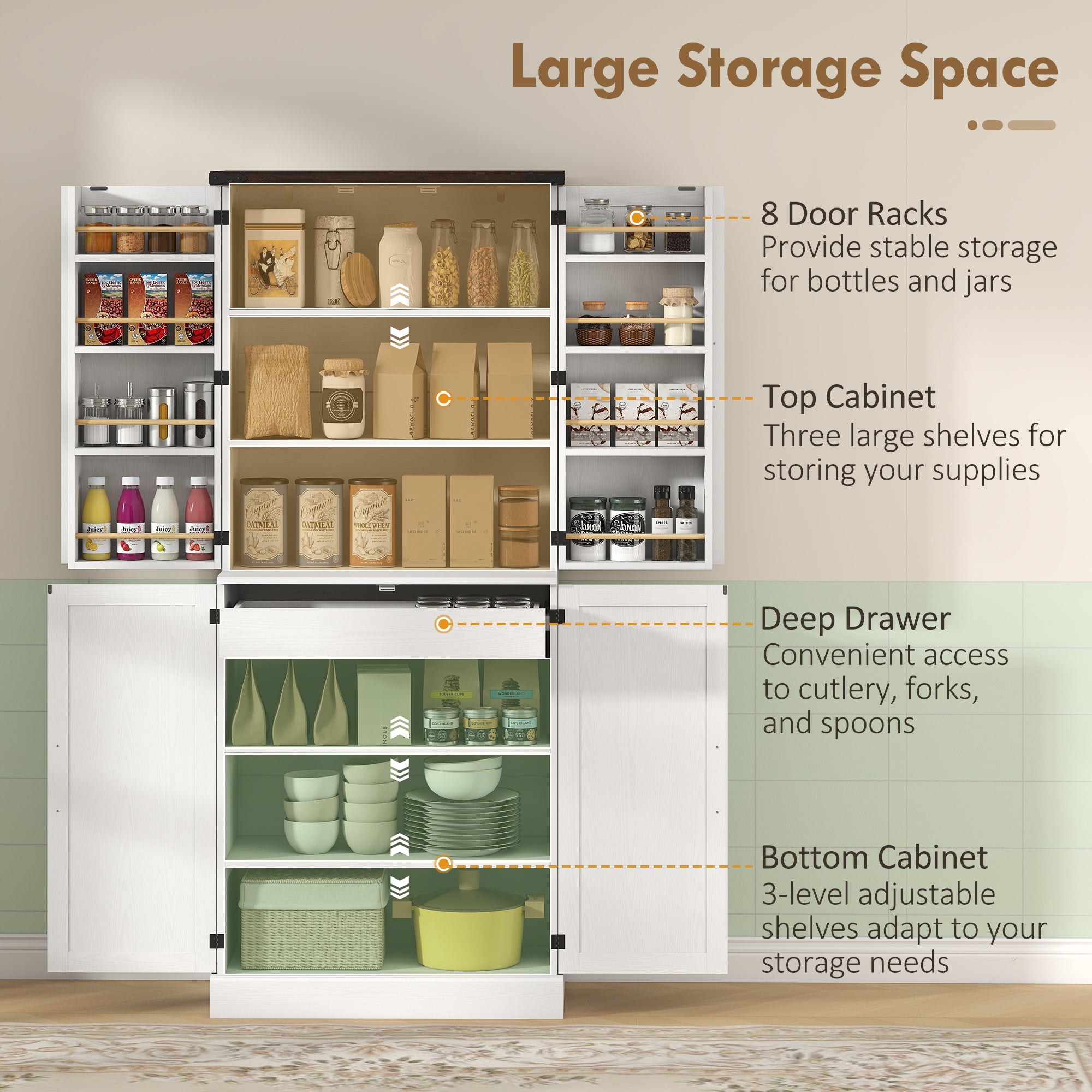 72" Tall Kitchen Pantry Cabinet, Farmhouse Storage Cabinet with 8 Door Racks and Adjustable Shelves, White