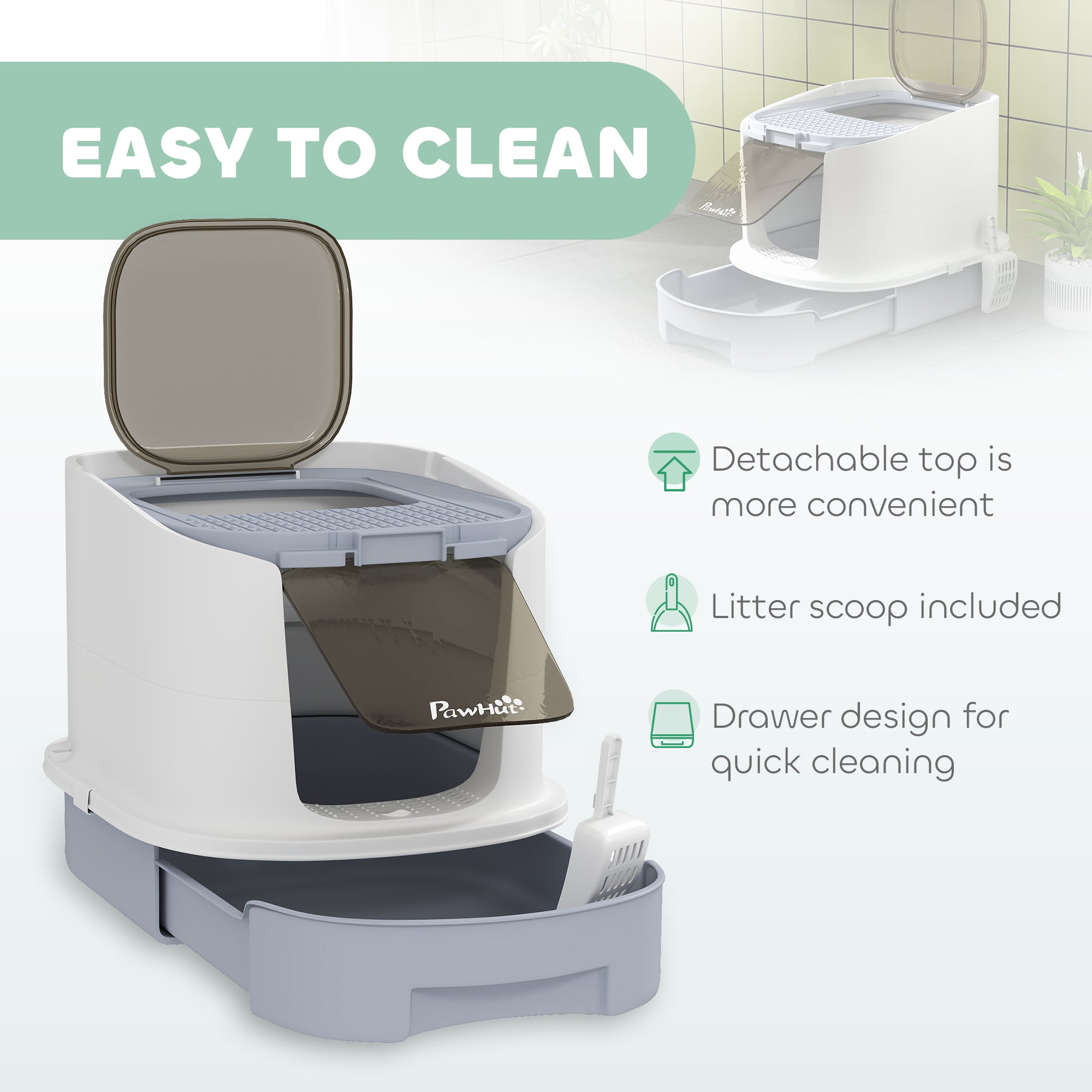 Covered Cat Litter Box with Lid, Drawer, Scoop, Top Entry, Deodorizing Bags, Odor Control, Easy to Clean, Gray