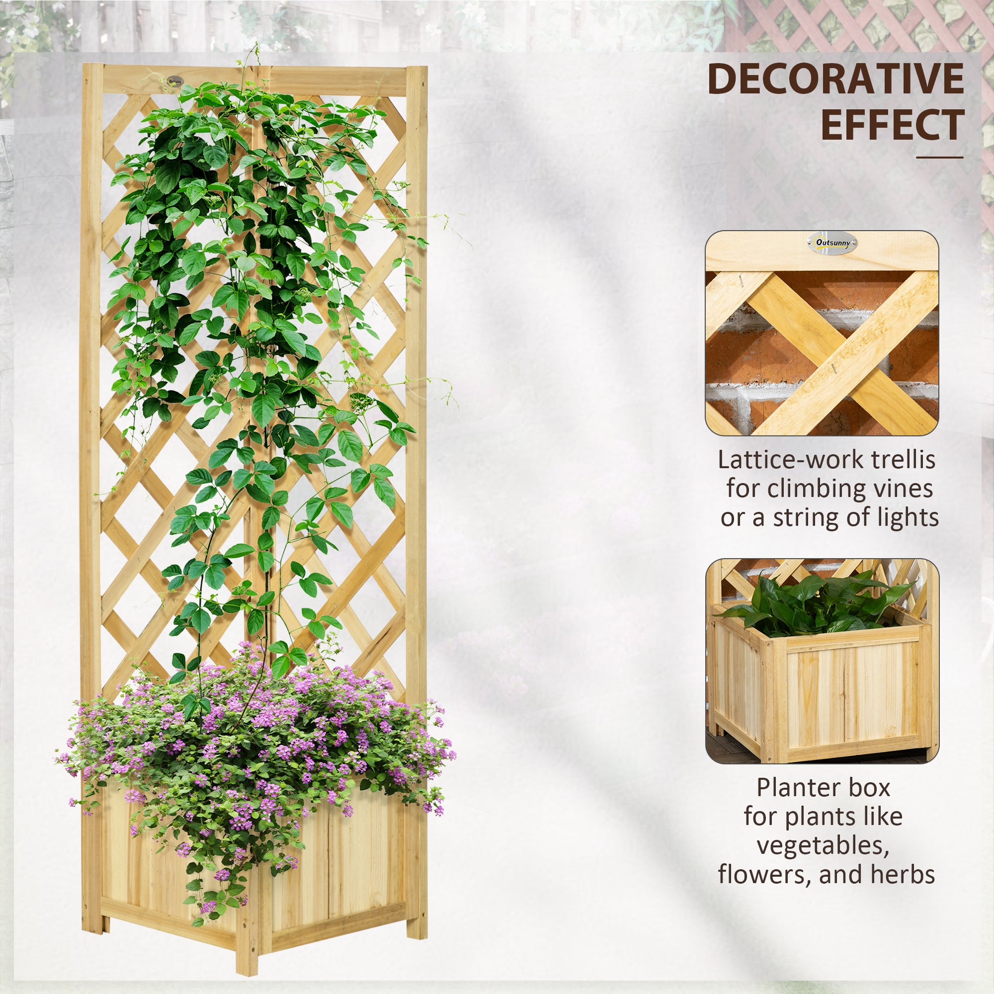 Wooden Raised Garden Bed, Planter with Trellis for Vine Climbing and Vegetables, Herbs and Flowers Growing, Natural