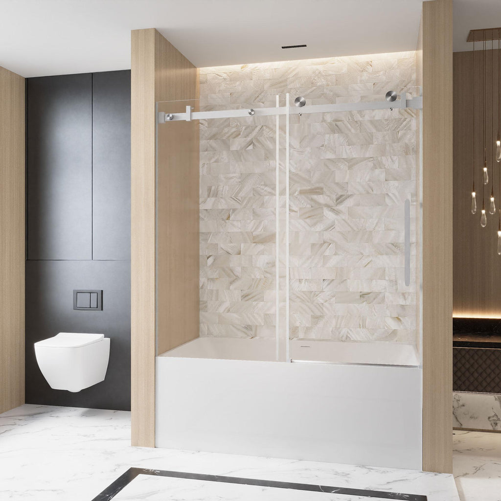 Frameless Shower Door with Anti-Shatter Safety Film and Bottom Water-Blocking Strip, Panel for Bathroom, 60" L x 0.5" W x 60" H, Brushed Nickel