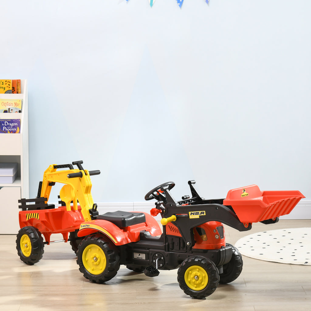 3 in1 Kids Ride On Bulldozer Excavator Toy with 6 Wheels Controllable Cargo Trailer Easy Pedal Controls for 3-6 Years