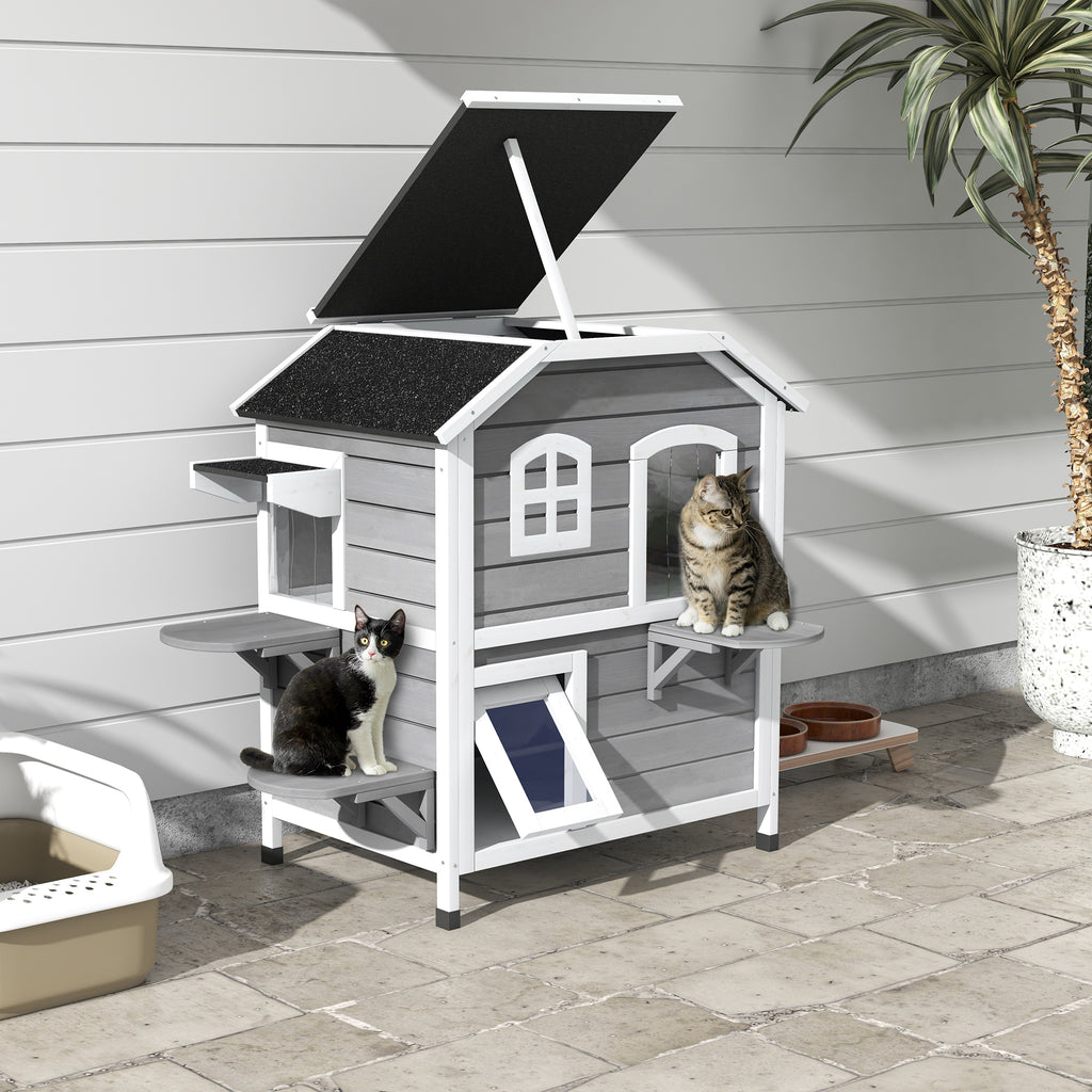 2-story Cat House Outdoor, Weatherproof Wooden Cat Enclosure for Feral Cats with Escape Door, Openable Roof, Jumping Platforms, Gray