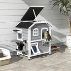2-story Cat House Outdoor, Weatherproof Wooden Cat Enclosure for Feral Cats with Escape Door, Openable Roof, Jumping Platforms, Gray