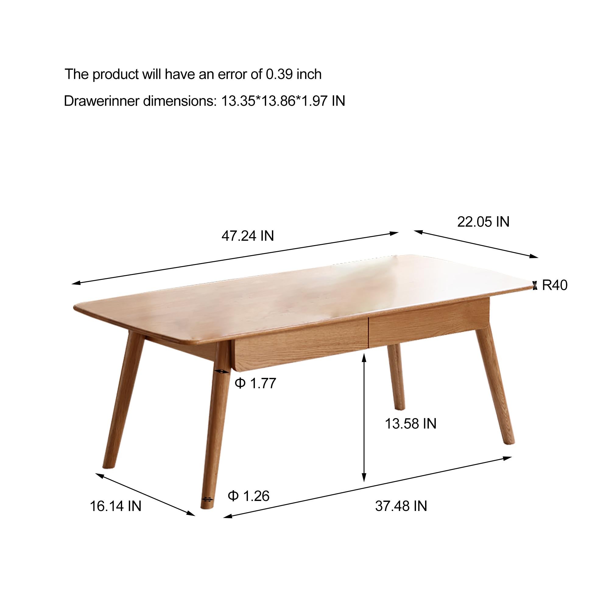 Solid Oak Coffee Table with 2-Drawer Storage and Open Shelf, Multi-Use Low Writing Desk for Modern Homes, 47″ L x 22″ W x 17.5″ H, Oak