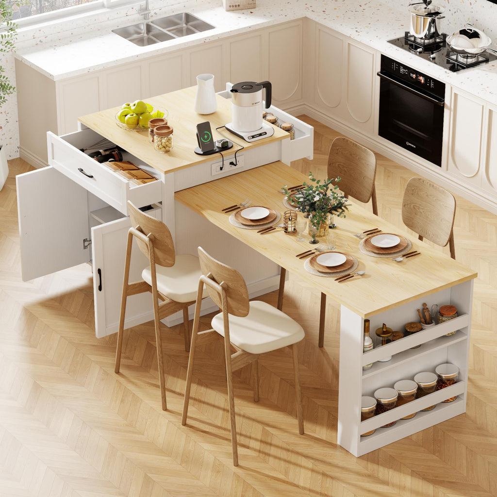 Kitchen Island with Extendable Table, Double-Sided Storage, Power Outlet, Adjustable Shelves, Lockable Wheels, 83" L x 27.5" W x 36" H, White Oak