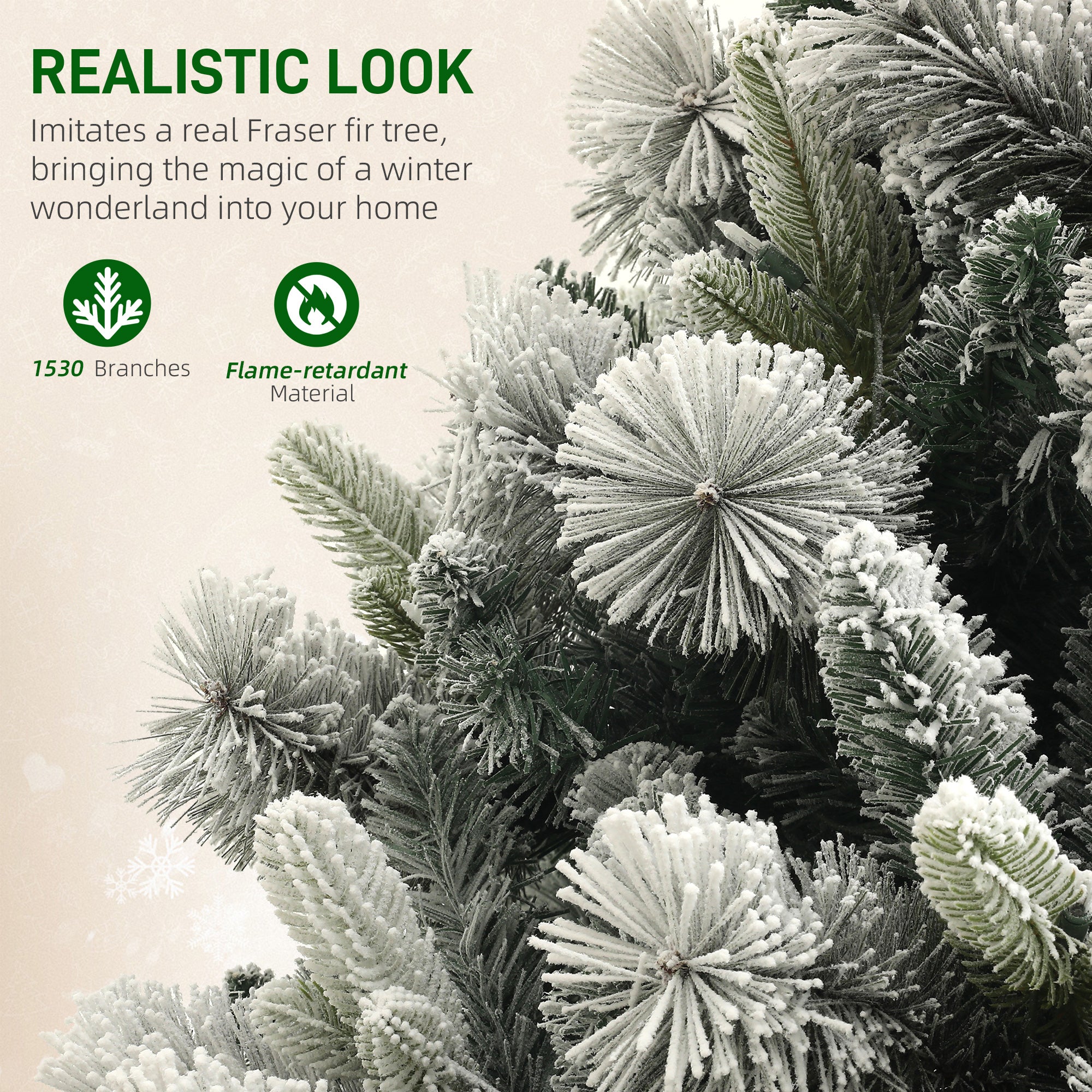 7.5 ft Prelit Flocked Artificial Christmas Tree with 500 Clear Lights, 1530 Tips, Metal Stand for Home Office Holiday