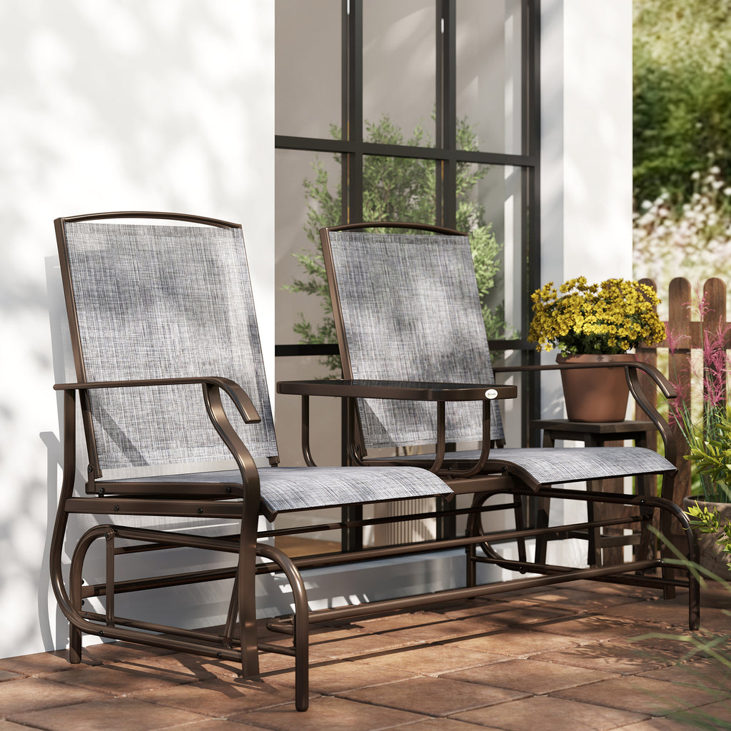 2-Seat Outdoor Glider Swing, Center Coffee Table and Independent Chairs, Supports Up to 352 lbs., Loveseat with Breathable Sling for Backyard, Garden, and Porch, Brown
