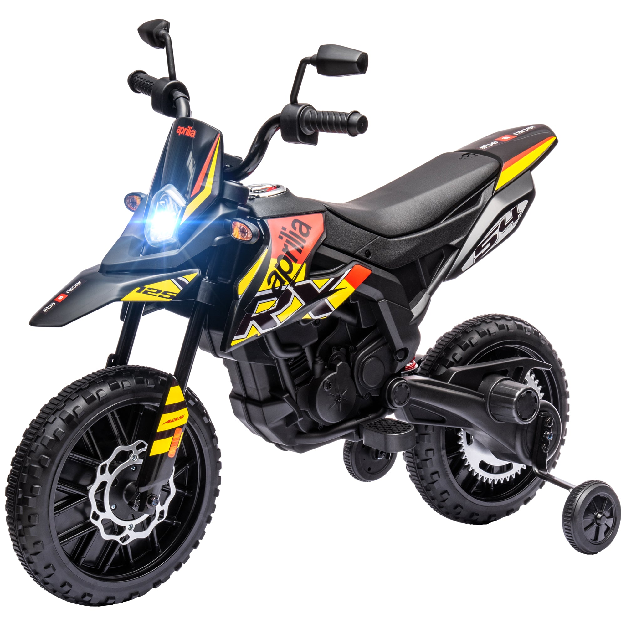 12V Aprilia Licenced Kids Motorcycle with Training Wheels, Spring Suspension, LED Light, USB, Music, Yellow