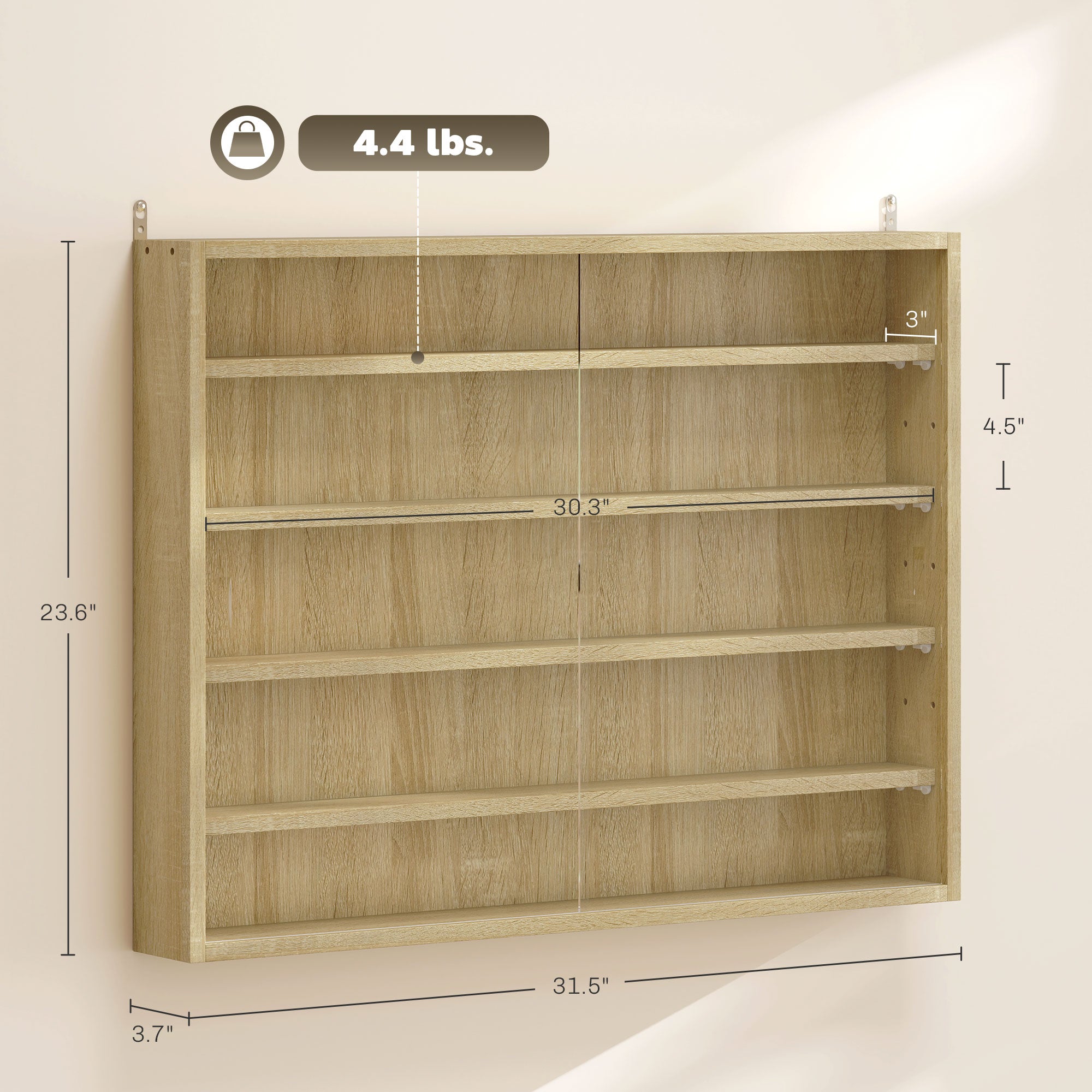 5-Tier Display Cabinet, Wall-Mounted Display Case with 2 Glass Doors and Adjustable Shelves, Oak
