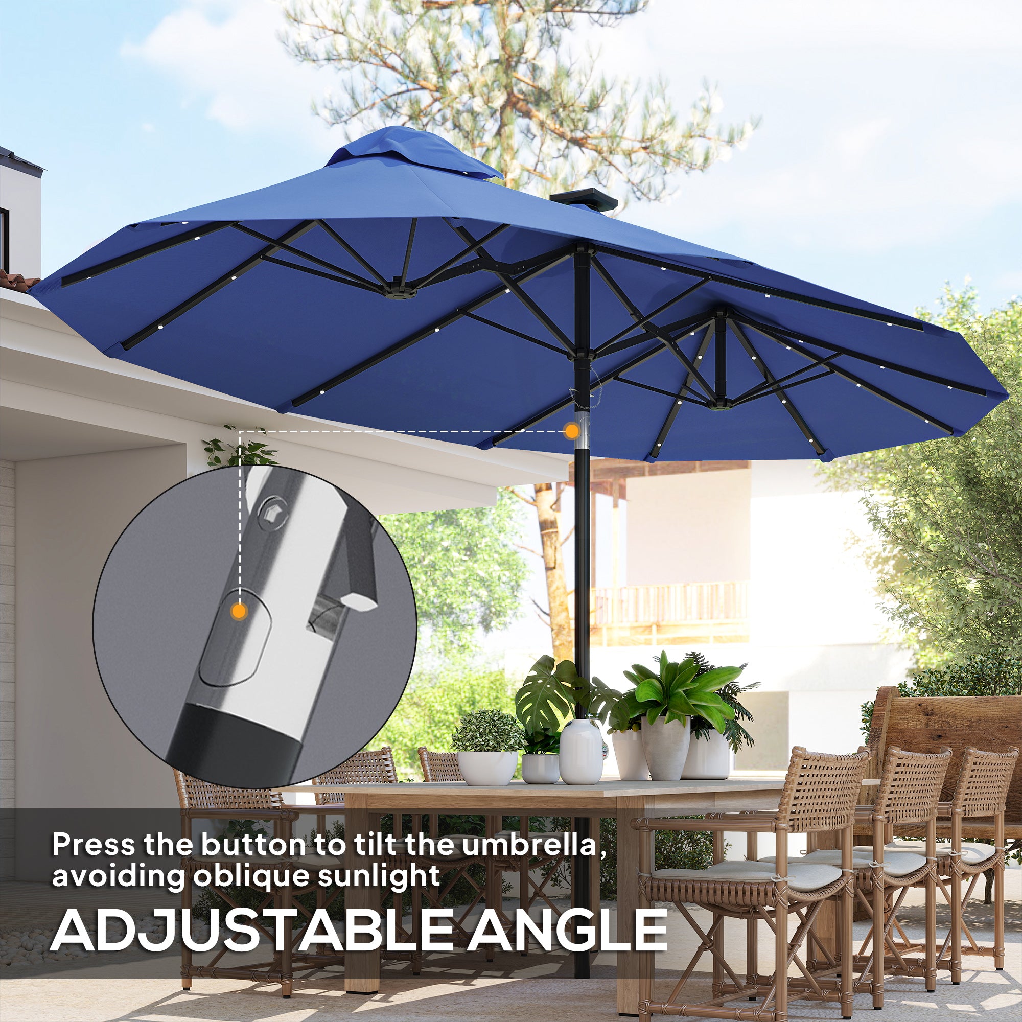 Double-sided Patio Umbrella, 9.7' Outdoor Umbrella with Tilt and Crank, LED Solar Light and 12 Ribs, Navy Blue