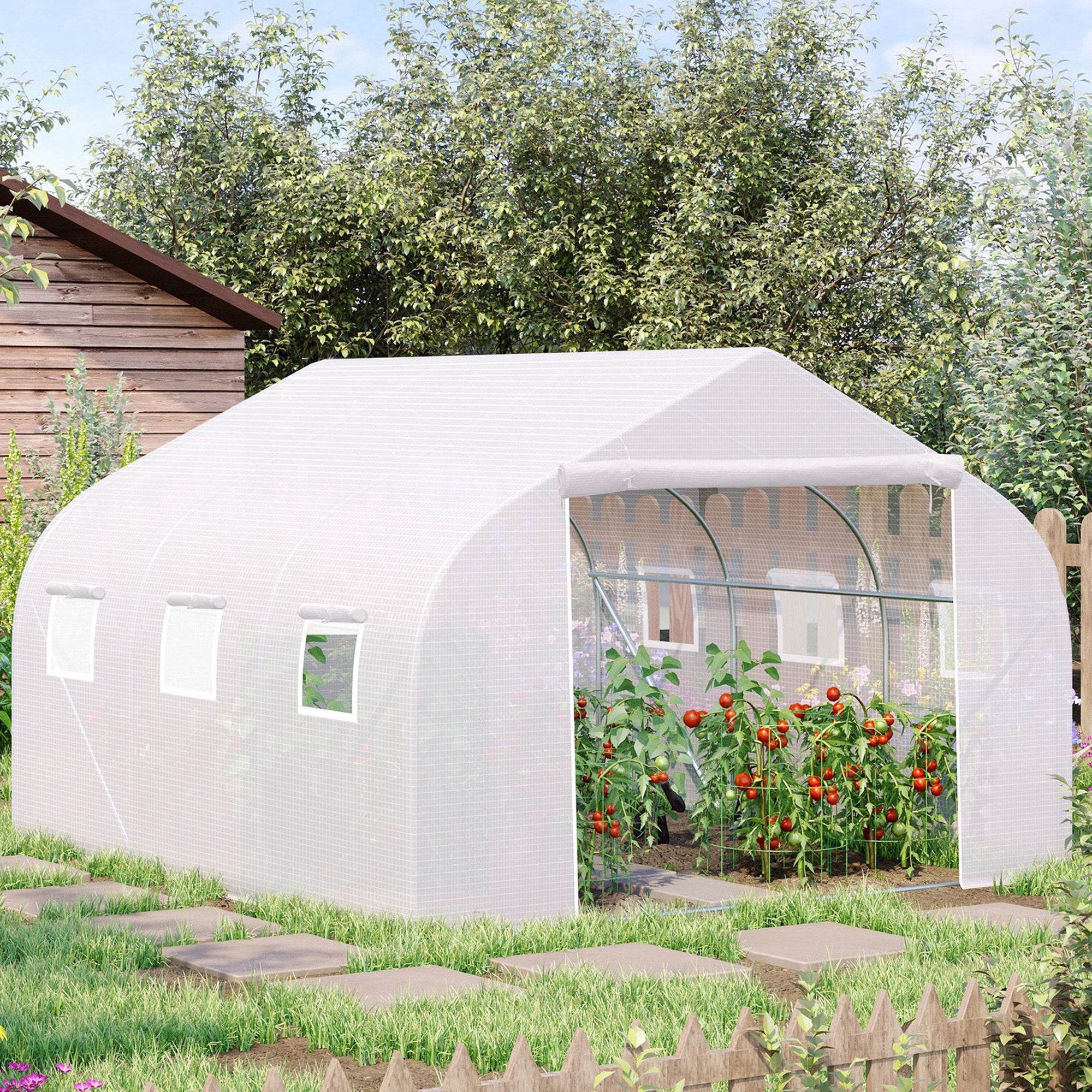 11.5' x 10' x 6.5' Outdoor Walk-in Greenhouse, Tunnel Green House with Roll-up Windows, Zippered Door, PE Cover, Heavy Duty Steel Frame, White
