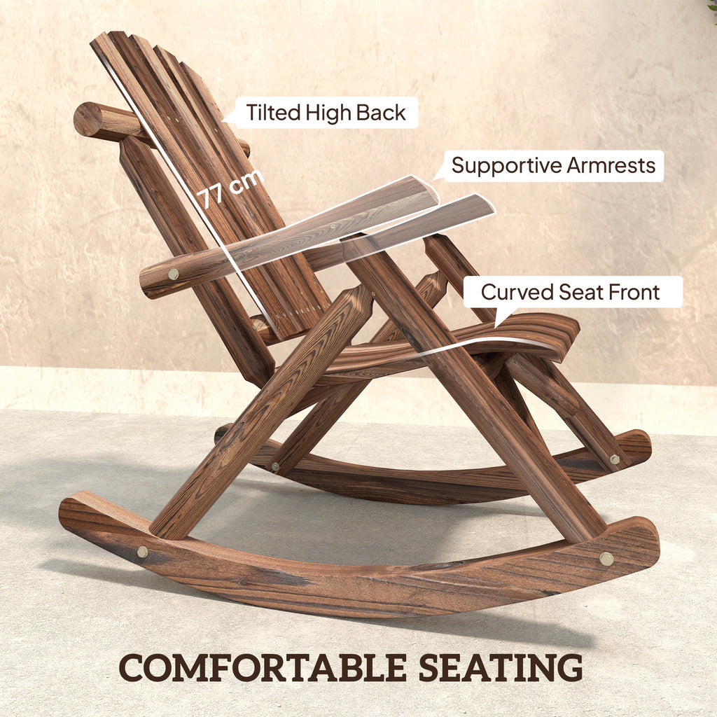 Outdoor Wooden Rocking Chair, Single-Person Adirondack Rocking Patio Chair with Rustic High Back, Slatted Seat and Backrest for Indoor, Backyard, Garden, Carbonized