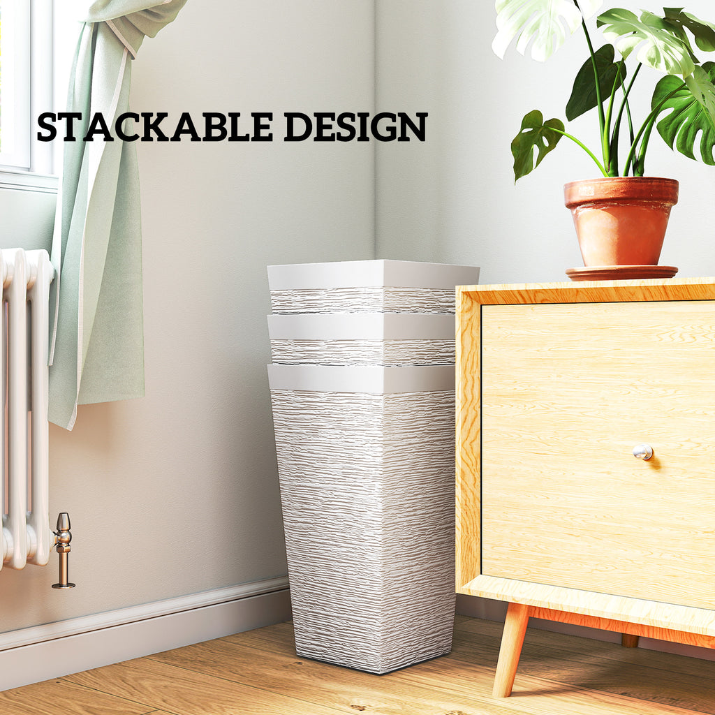 22.8 Inch Set of 3 Outdoor Planters with Stone Finish and Wheels, Stackable Tapered Planters with Drainage Hole, White