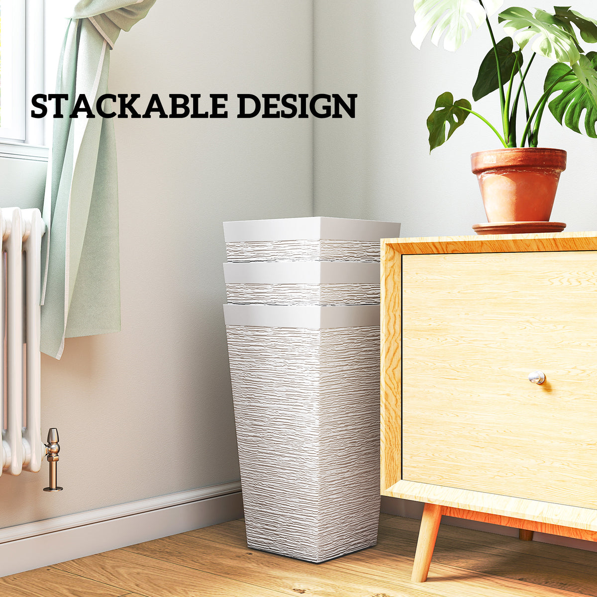 22.8 Inch Set of 3 Outdoor Planters with Stone Finish and Wheels, Stackable Tapered Planters with Drainage Hole, White