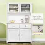 63.5" Kitchen Buffet with Hutch, Pantry Storage Cabinet with 4 Shelves, Drawers, Framed Glass Doors, Open Microwave Countertop, Antique White
