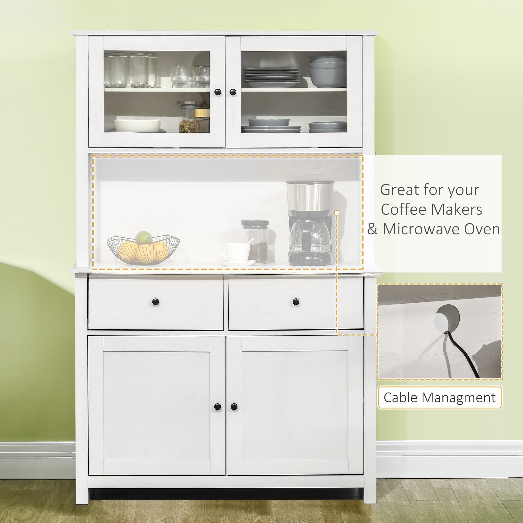 63.5" Kitchen Buffet with Hutch, Pantry Storage Cabinet with 4 Shelves, Drawers, Framed Glass Doors, Open Microwave Countertop, Antique White