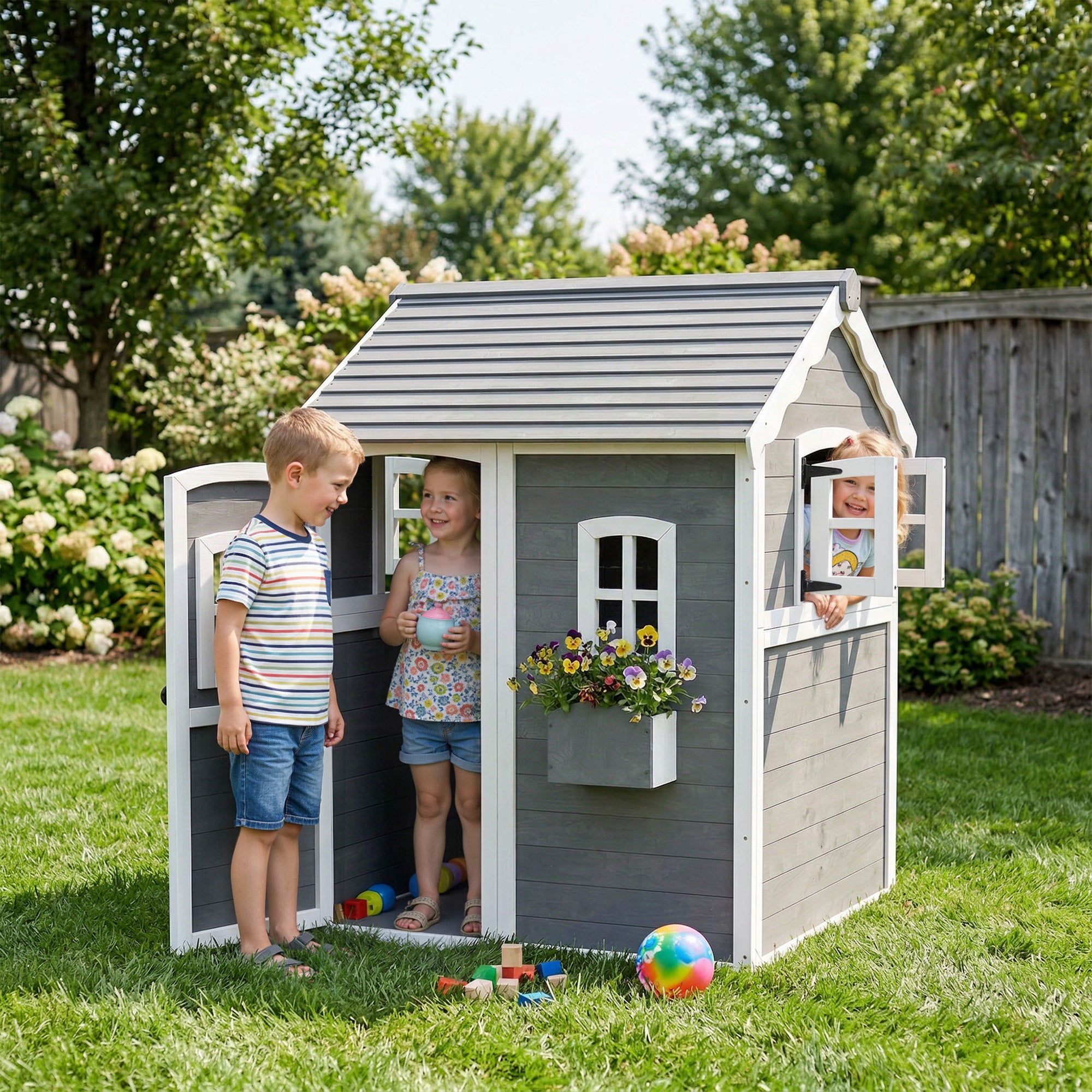 Outdoor Wooden Playhouse for Kids with Floor, Door, Windows, Planter Box for 3-8 Years Old, Backyard, Lawn, Garden