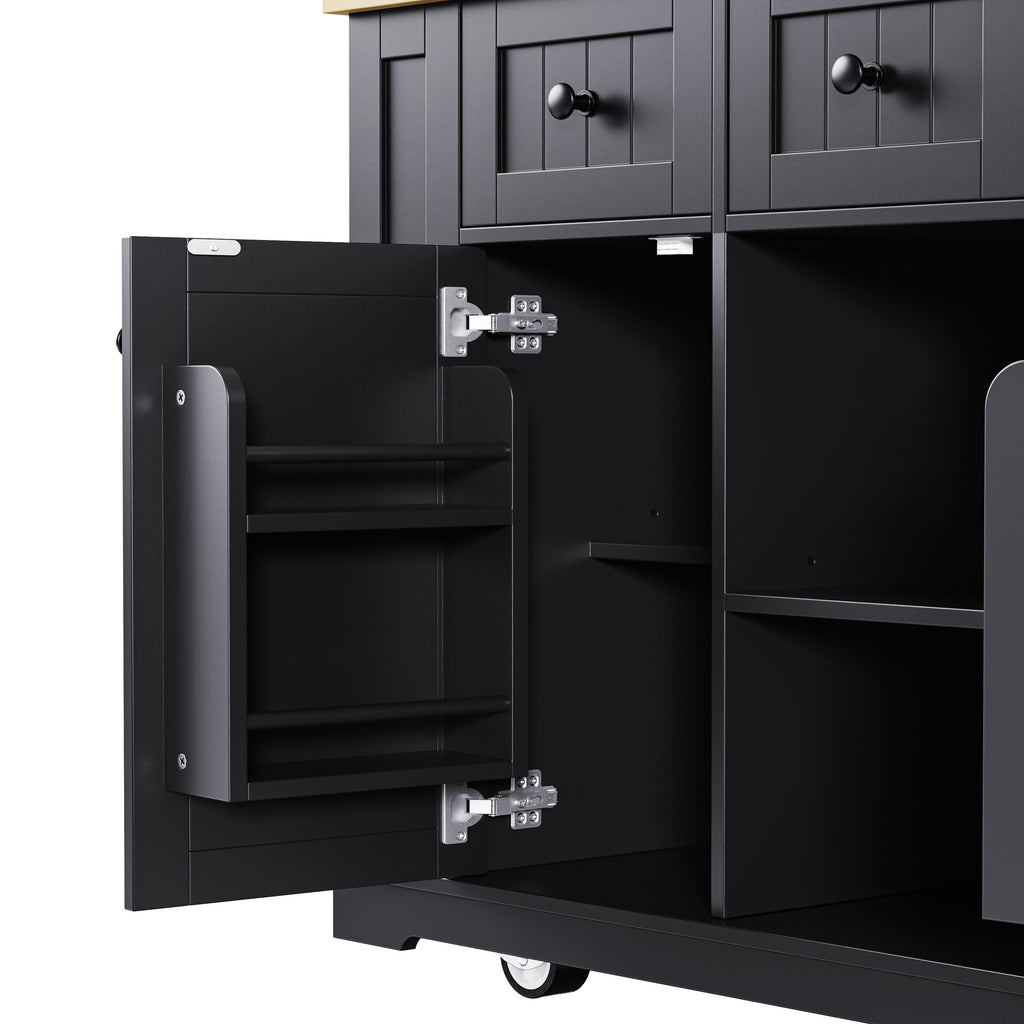 Kitchen Island with Internal Rack, Drop Leaf, Power Outlet, Rolling Cart with Adjustable Shelves and Drawers, 50" L x 29.5" W x 36.5" H, Black