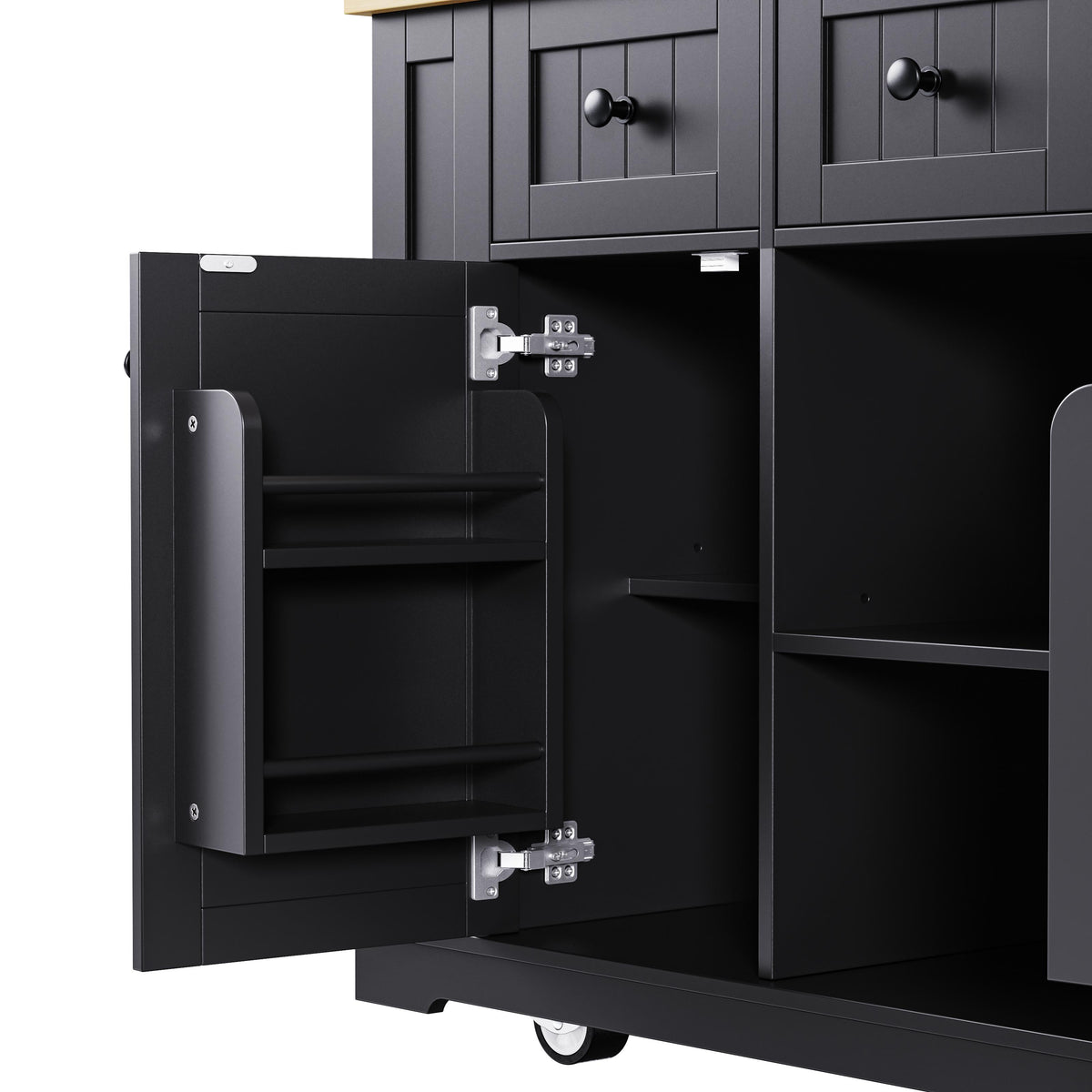 Kitchen Island with Internal Rack, Drop Leaf, Power Outlet, Rolling Cart with Adjustable Shelves and Drawers, 50" L x 29.5" W x 36.5" H, Black