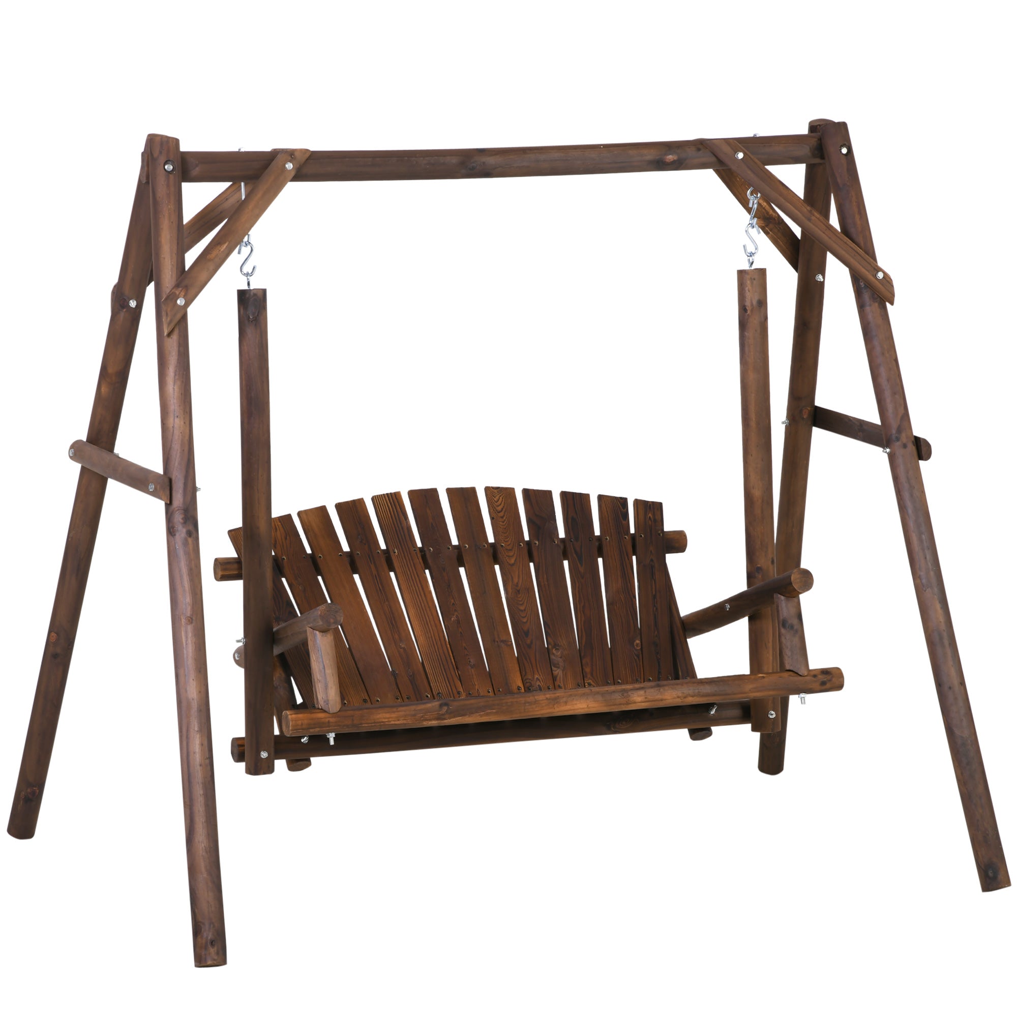 2-Seat Wooden Swing Bench, Ergonomic Design, 'A' Frame Construction, Stable and Non-Slip, Solid Wood Frame Log Garden Swing, for Outdoor and Indoor, Brown