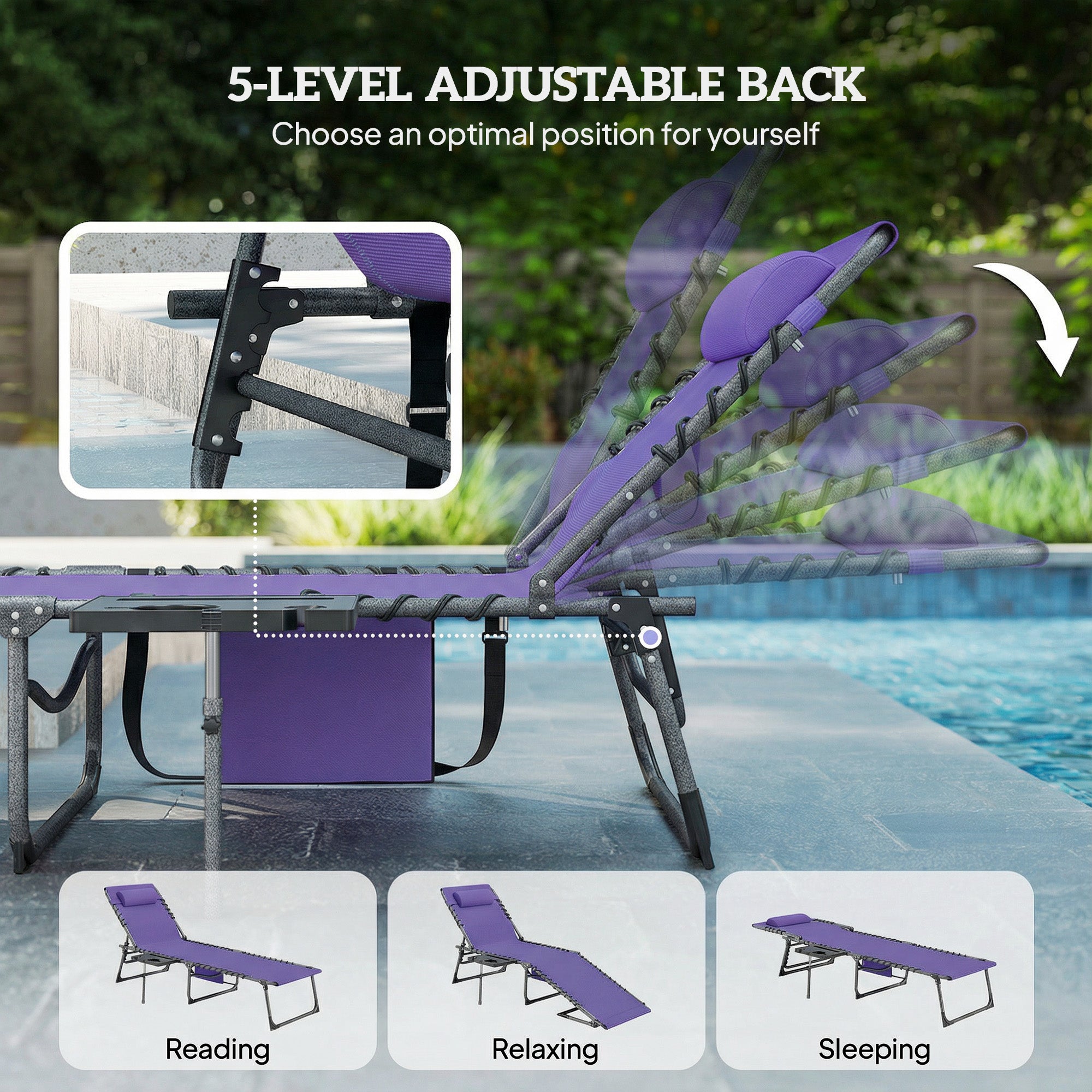 Folding Outdoor Chaise Lounge Chair Tanning Chair with 5-Level Adjustable Back, Side Table, Pillow, Pocket, Purple