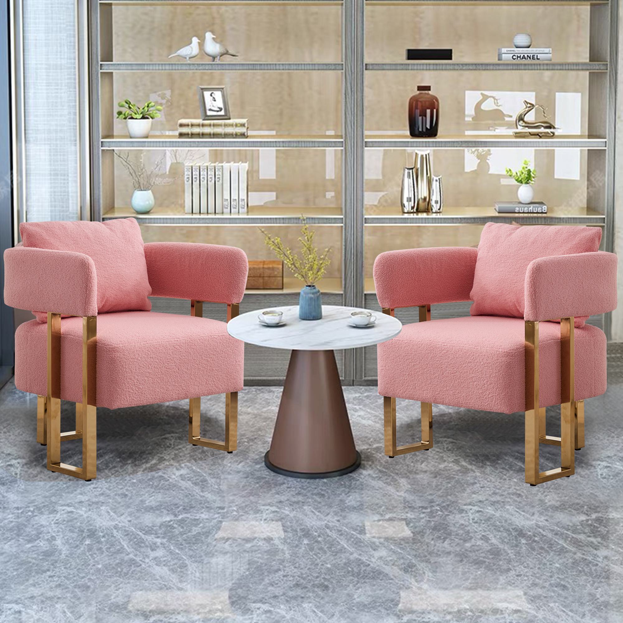 2er-Set Living Room Teddy Fleece Upholstered Side Chair with Gold Metal Legs, Modern Decorative Chair, 26" L x 24.5" W x 27" H, Pink