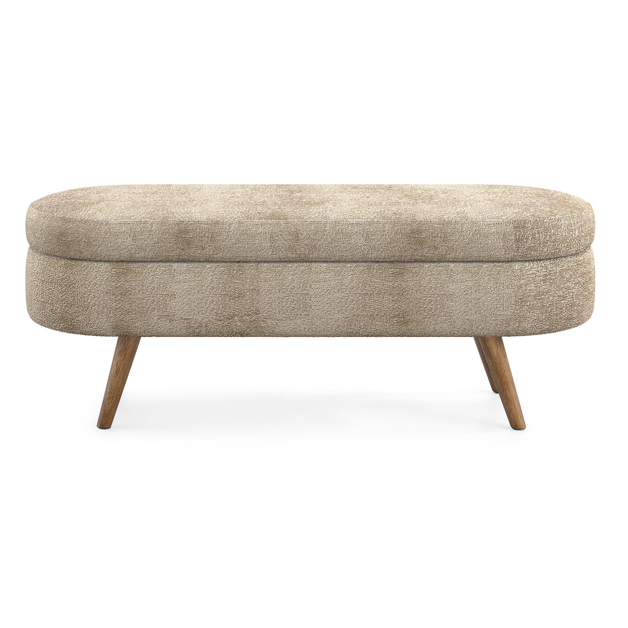 Oval Storage Ottoman Bench with Foam Cushion and Sturdy Rubberwood Legs, Multi-Use Footstool for Bedroom, 43.5" L x 16" W x 16" H, Brown