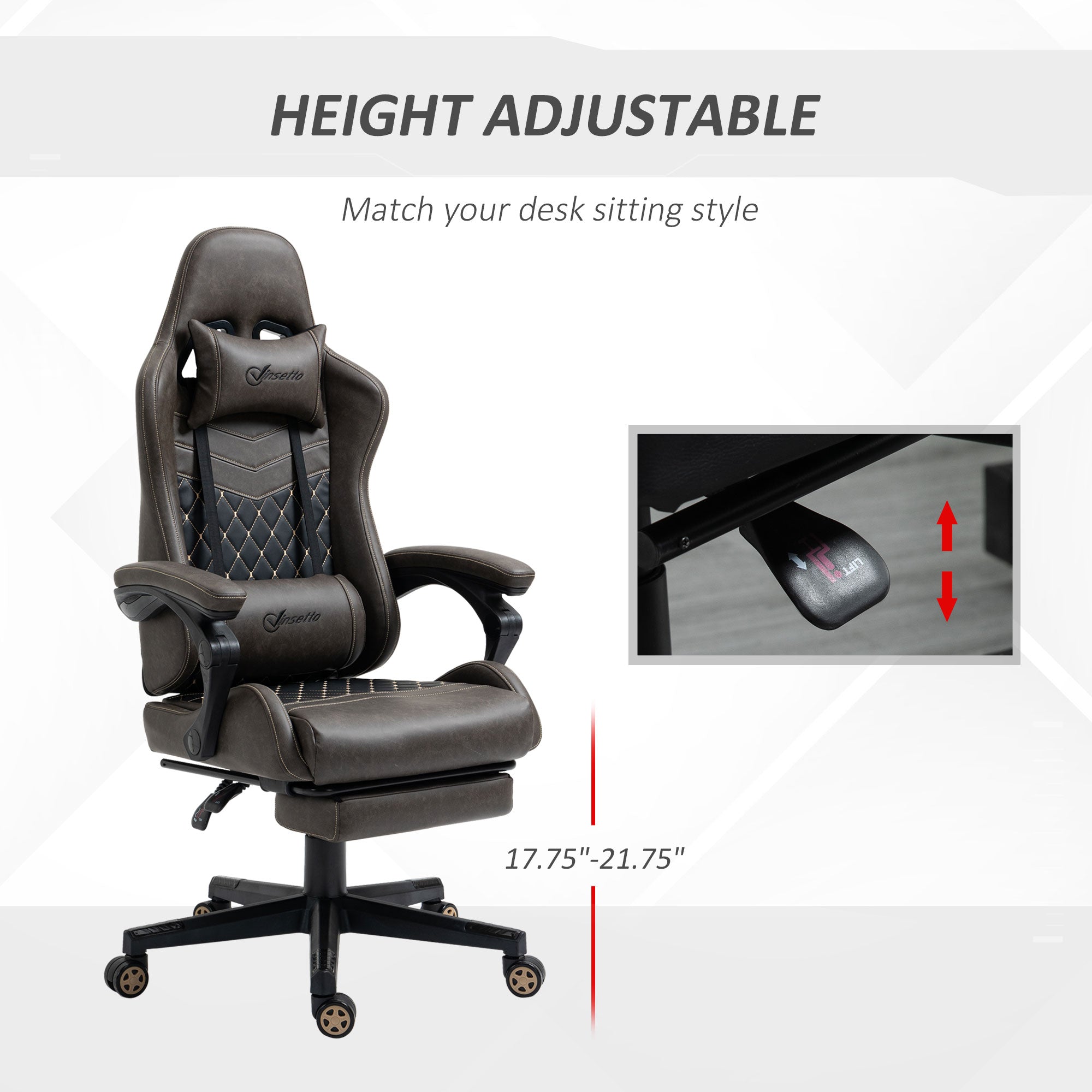 Racing Gaming Chair, PU Leather Gamer Chair with High Back, Footrest, Lumbar Support, Adjustable Height, Brown