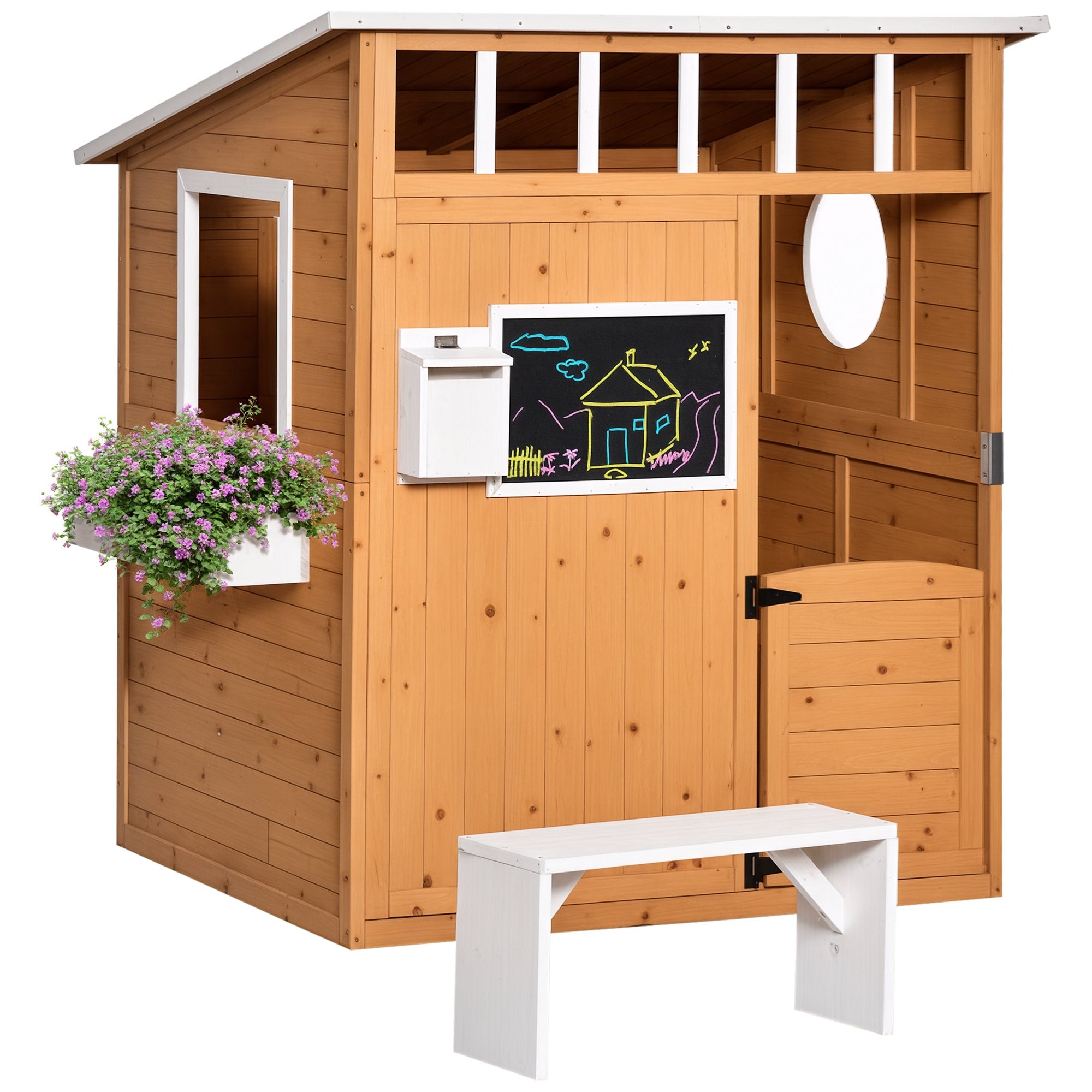Wooden Playhouse for Kids Outdoor with Working Door, Windows, Mailbox, Bench, Flowers Pot Holder, 48" x 42.5" x 53"