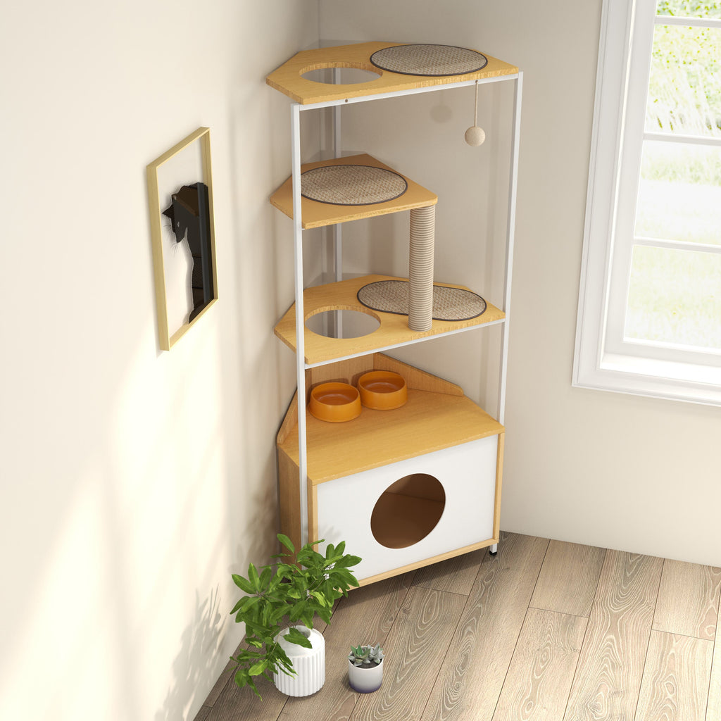 Corner Multi-Level Cat Tower and Condo with Scratching Post, Feeding Station, 25" L x 16" W x 58.5" H, White+Light Oak