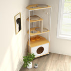 Corner Multi-Level Cat Tower and Condo with Scratching Post, Feeding Station, 25" L x 16" W x 58.5" H, White+Light Oak